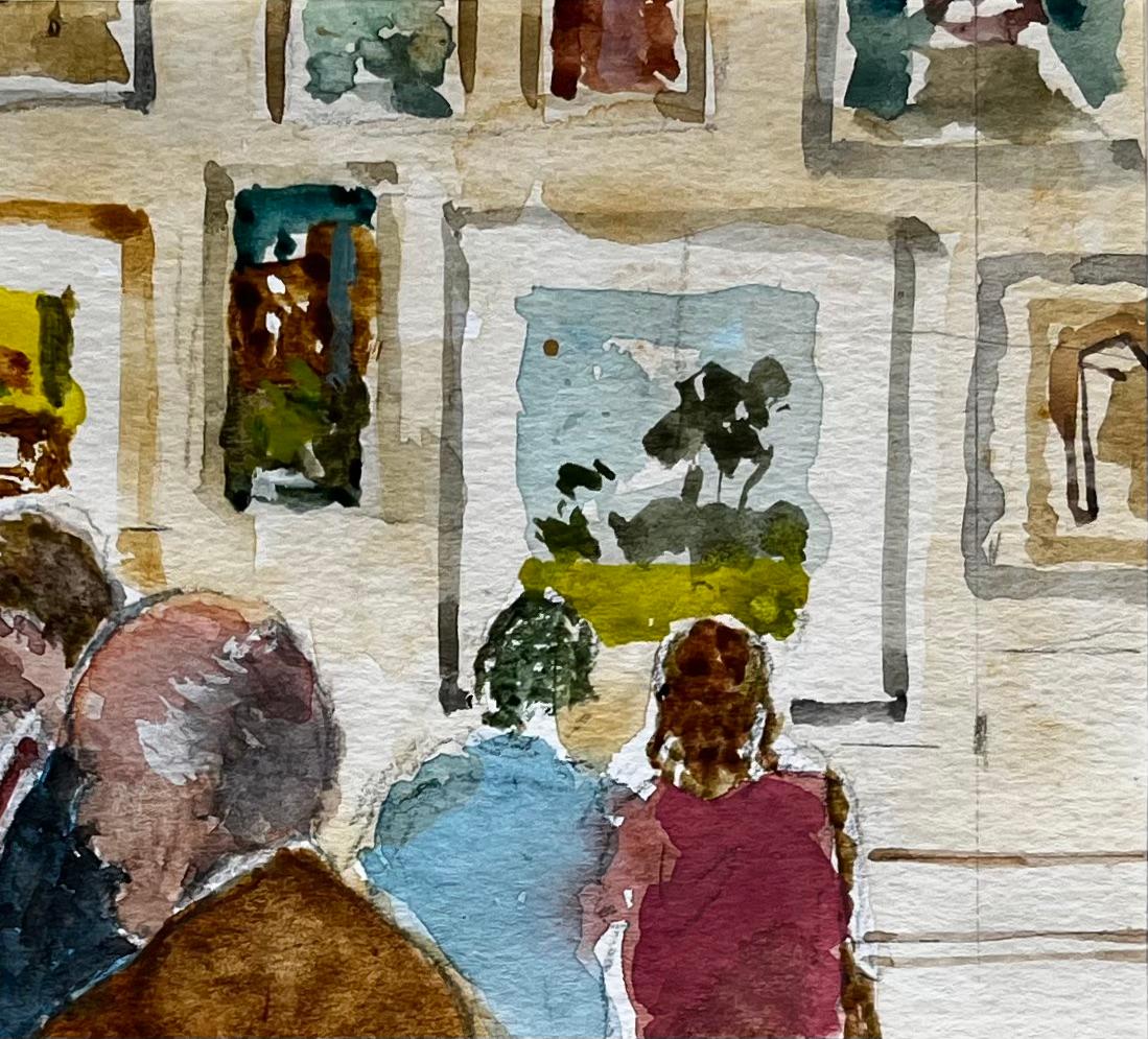 Private View Gallery Scene with Art Lovers and Paintings on Display Watercolour For Sale 2