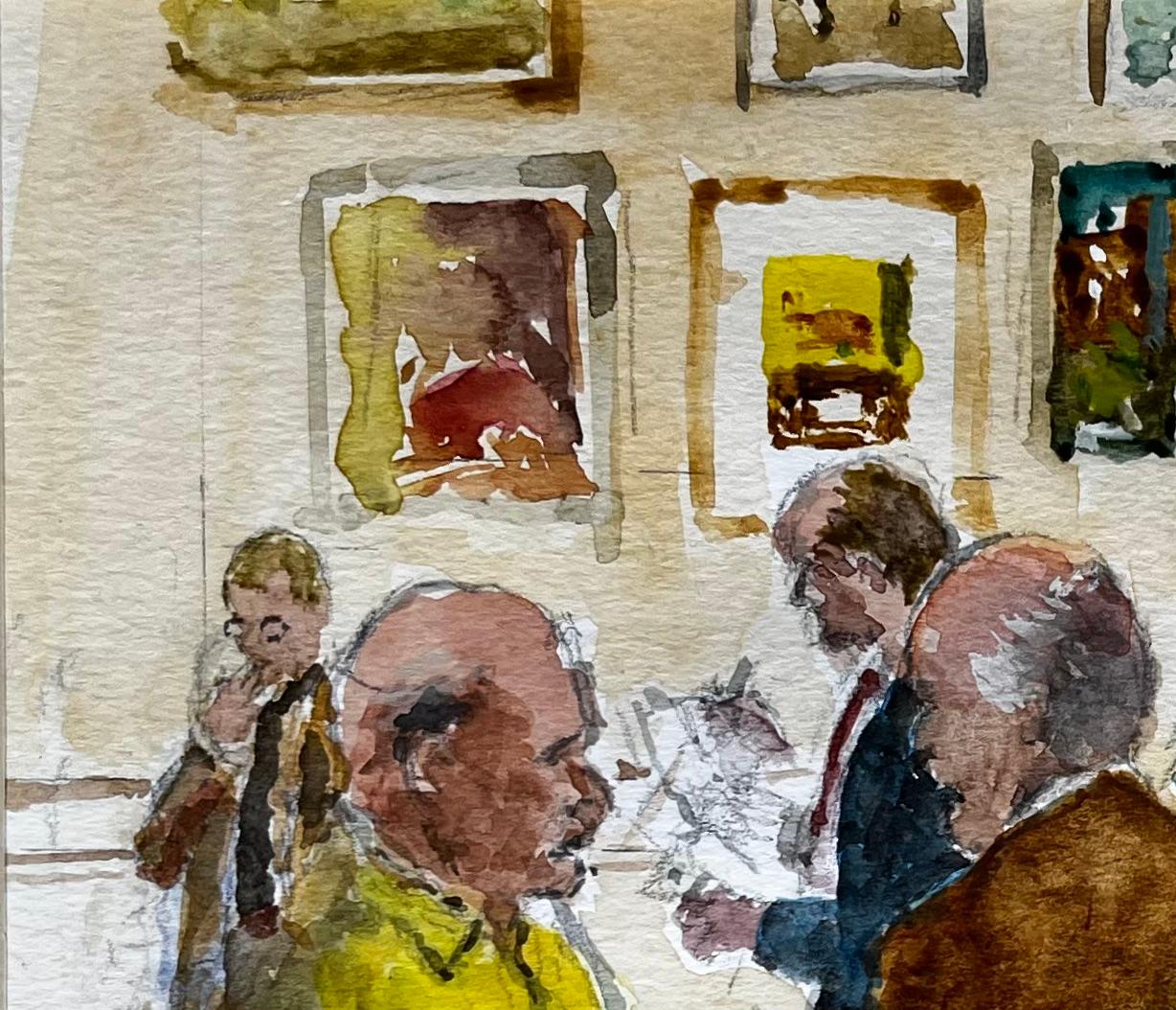 Private View Gallery Scene with Art Lovers and Paintings on Display Watercolour For Sale 3