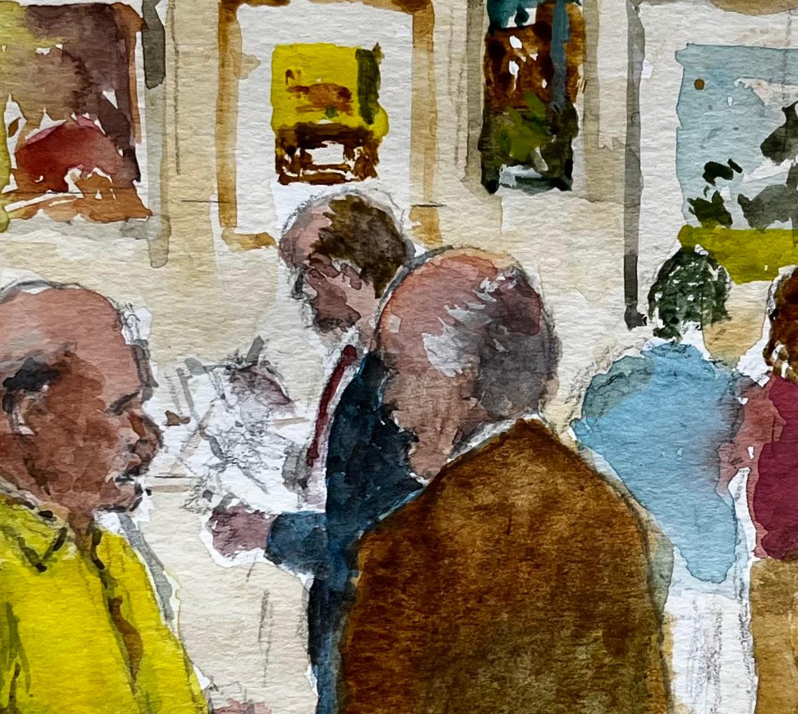 Private View Gallery Scene with Art Lovers and Paintings on Display Watercolour For Sale 4