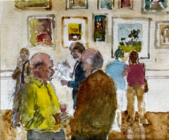 Vintage Private View Gallery Scene with Art Lovers and Paintings on Display Watercolour