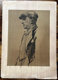 Retrato De Perfil De Un Hombre Con Gorra Plana Grafito Sobre Papel Marrón