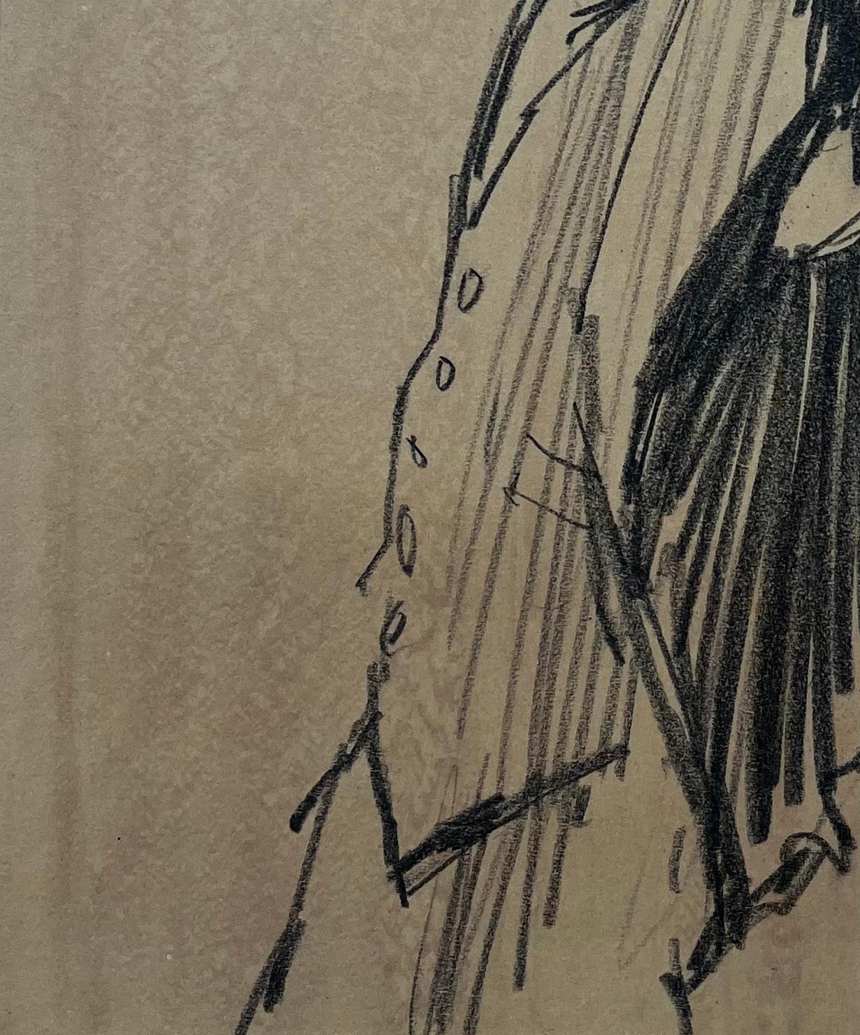 Retrato De Perfil De Un Hombre Con Gorra Plana Grafito Sobre Papel Marrón en venta 1