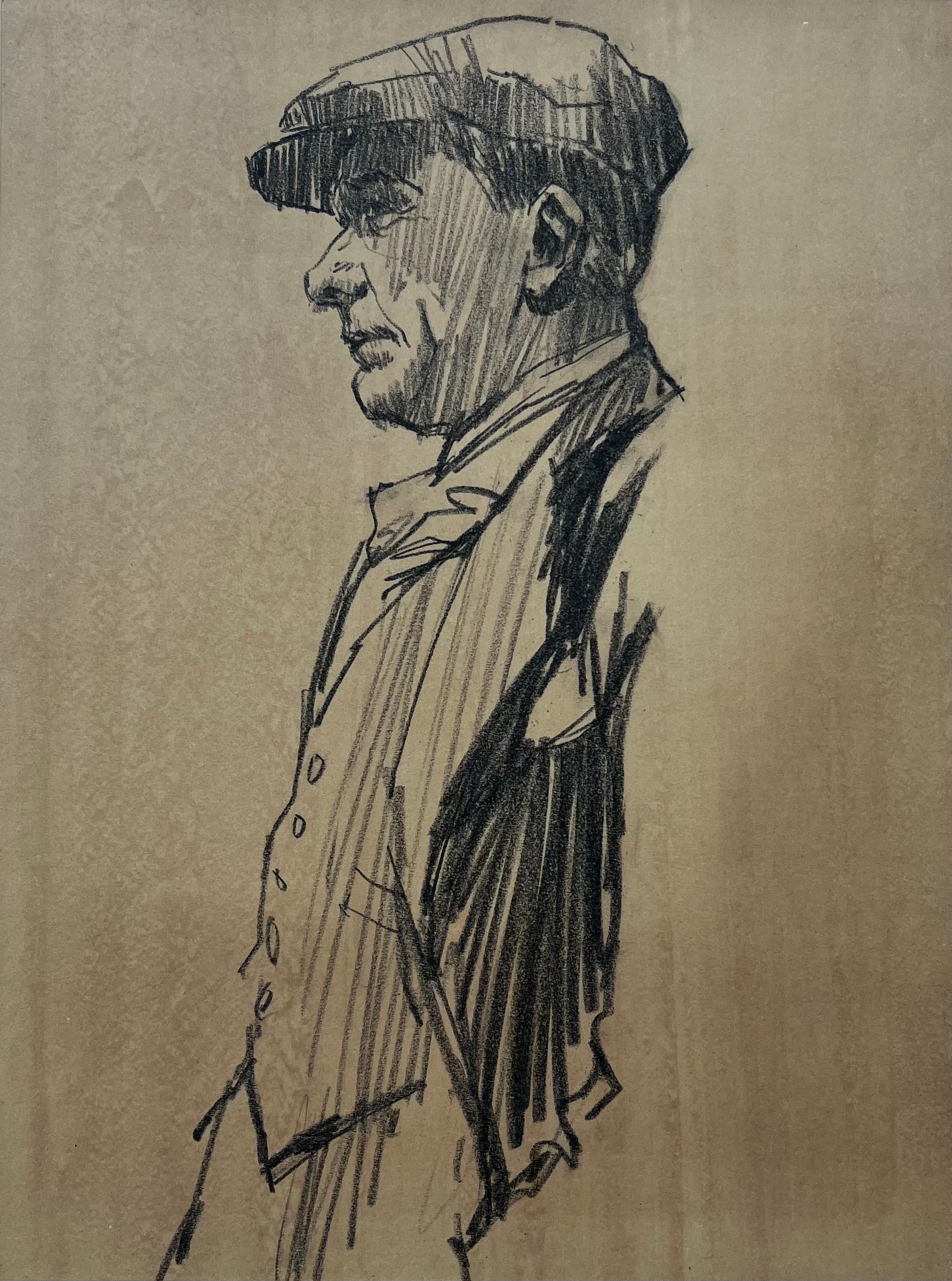 Retrato De Perfil De Un Hombre Con Gorra Plana Grafito Sobre Papel Marrón