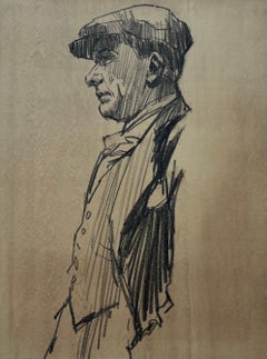 Retrato De Perfil De Un Hombre Con Gorra Plana Grafito Sobre Papel Marrón