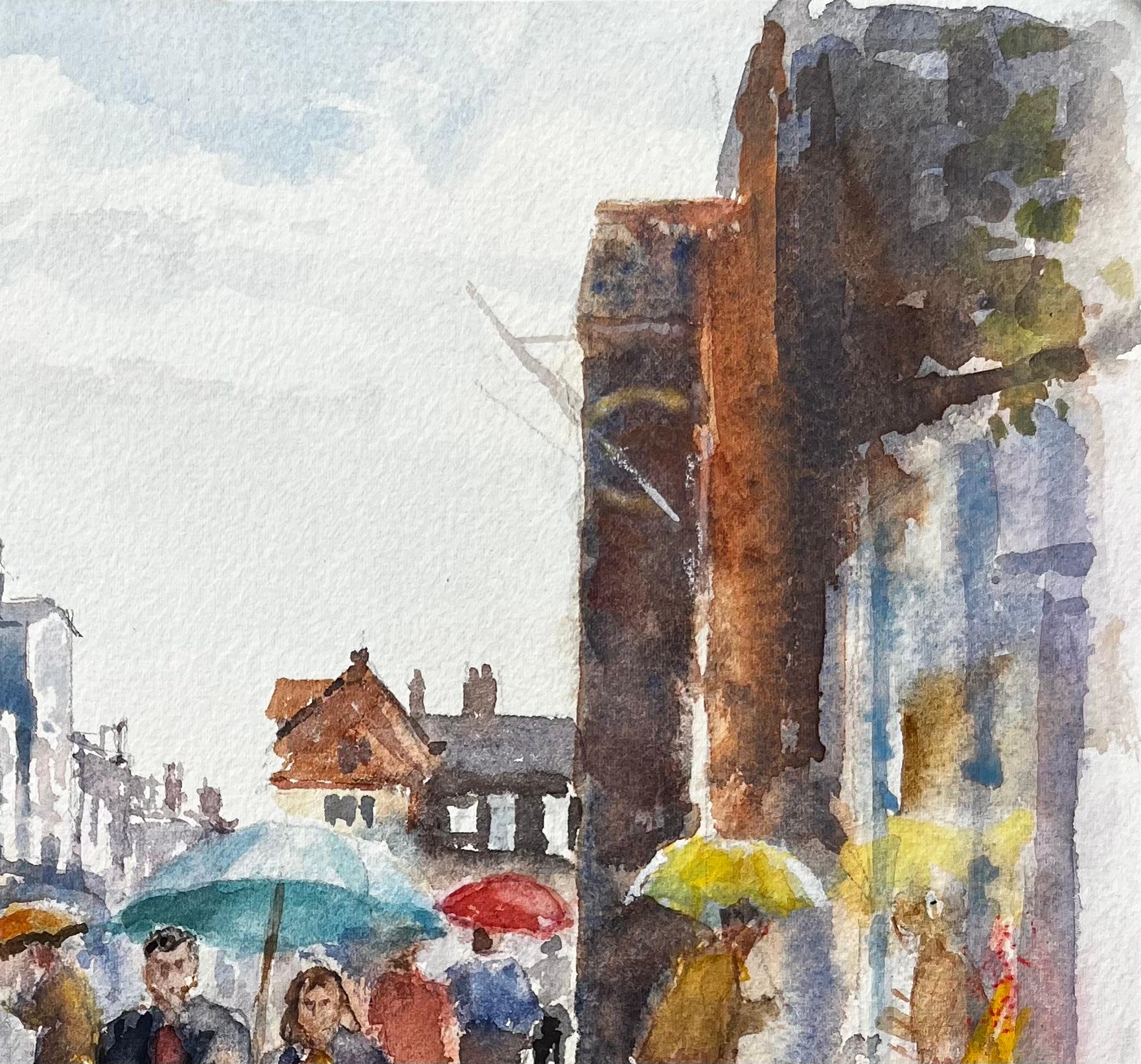 Rainy Street Scene Aquarell mit Regenschirmen und Shoppern in städtischen High Street im Angebot 1