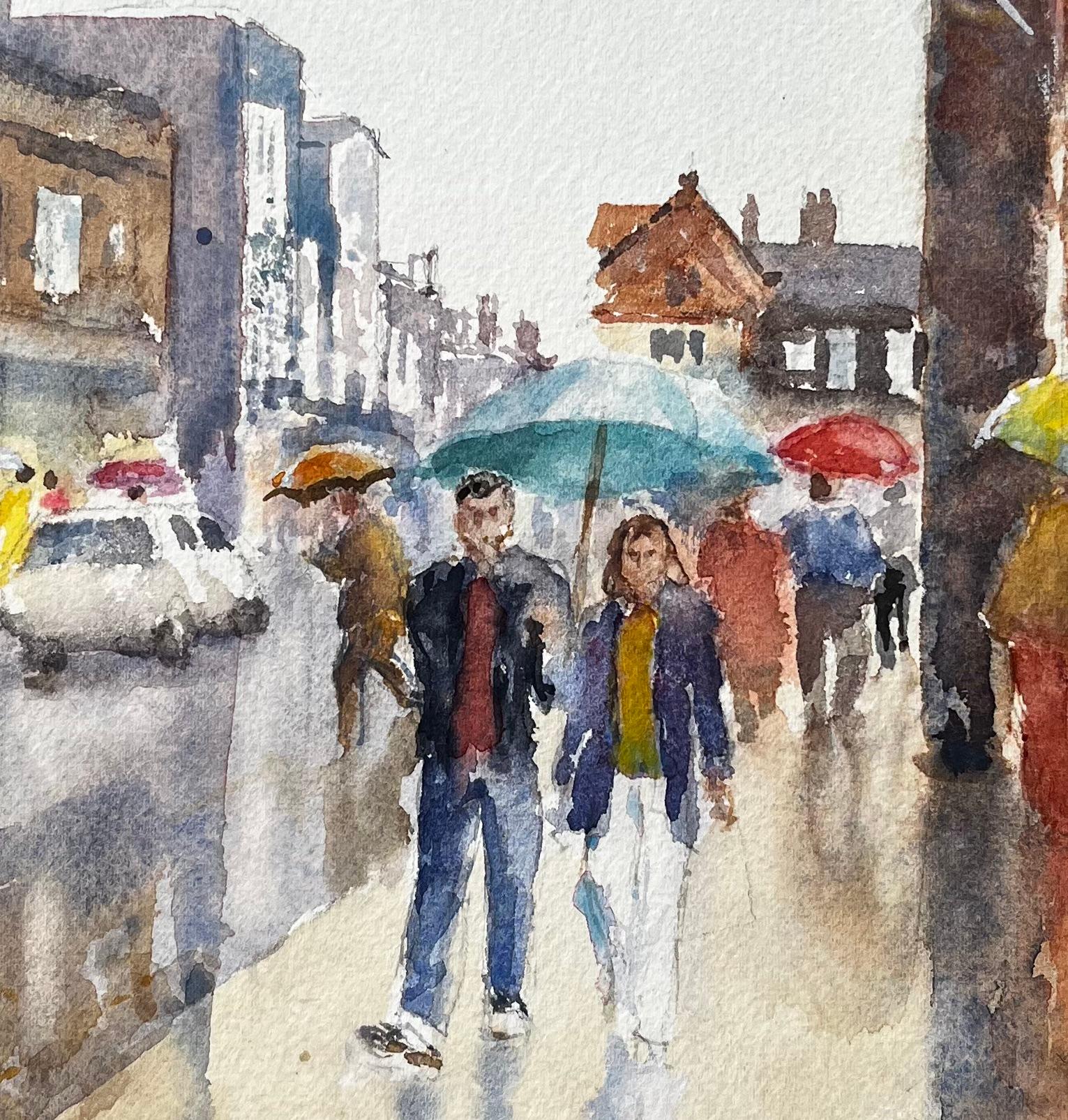 Rainy Street Scene Aquarell mit Regenschirmen und Shoppern in städtischen High Street im Angebot 2