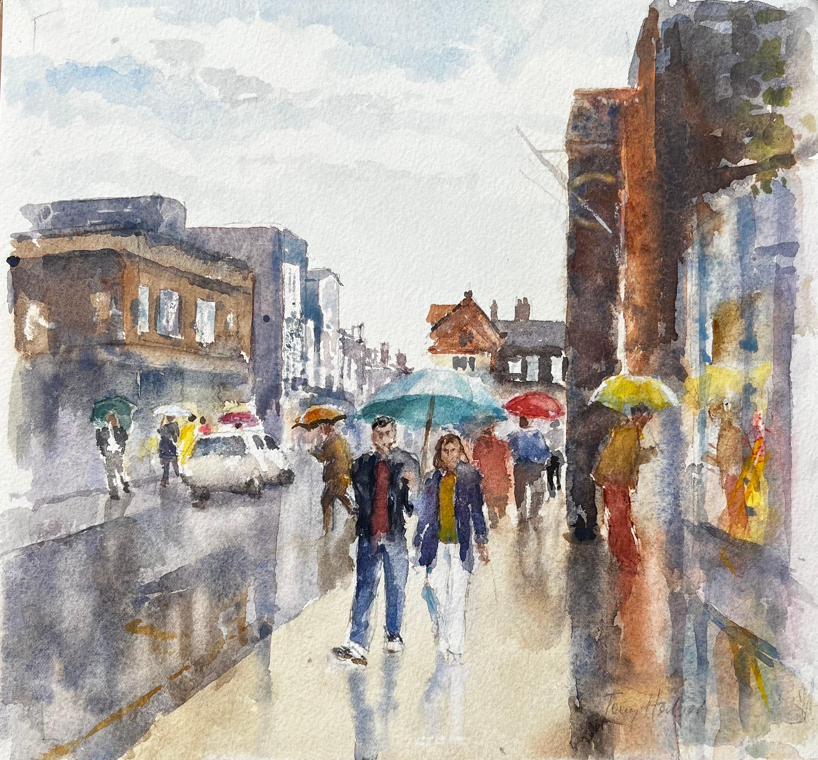 Anthony Herbert Landscape Art – Rainy Street Scene Aquarell mit Regenschirmen und Shoppern in städtischen High Street