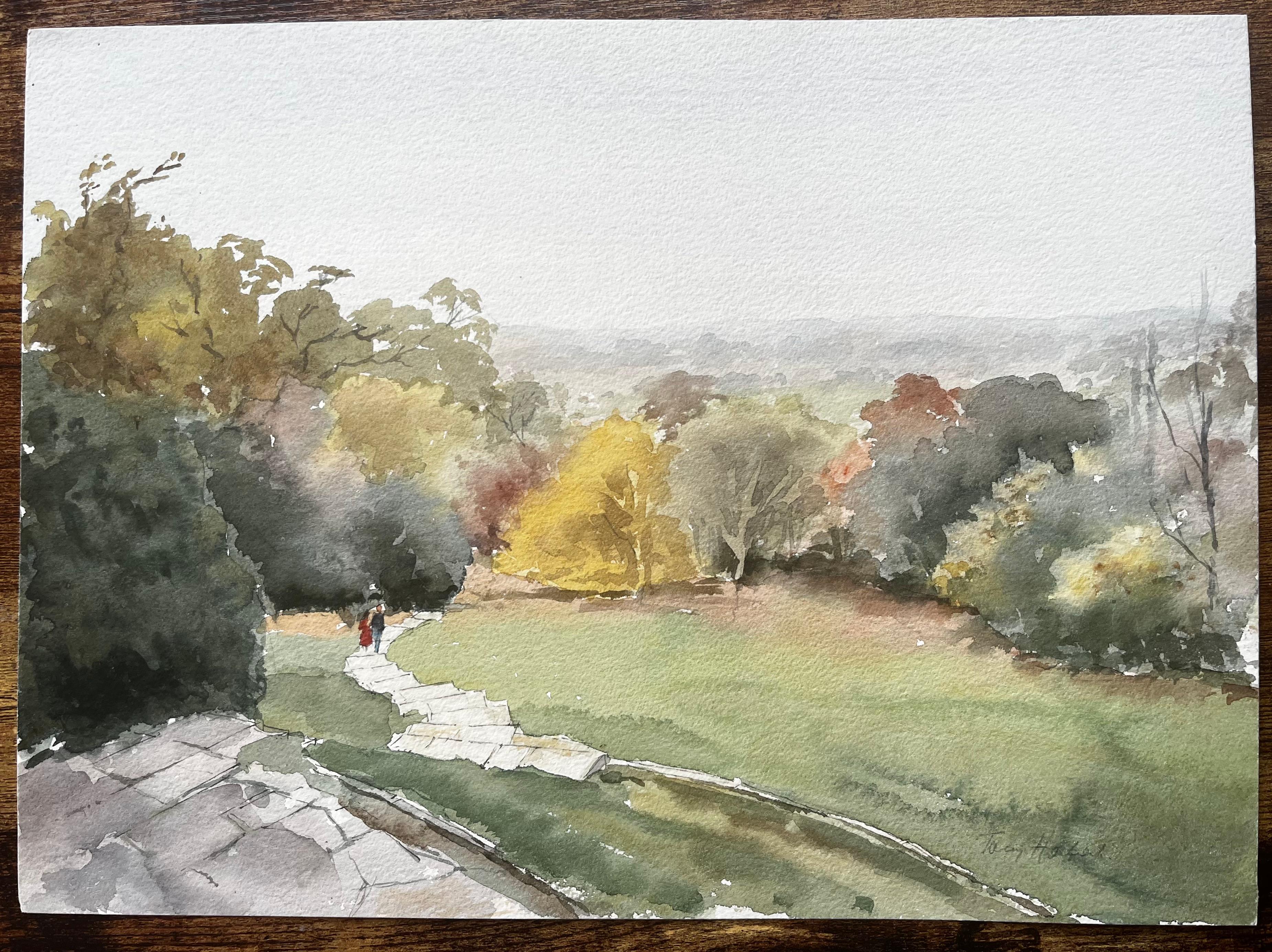 Richmond Park Landschaft Gemälde Blick von Pembroke Lodge Herbstbäume – Art von Anthony Herbert