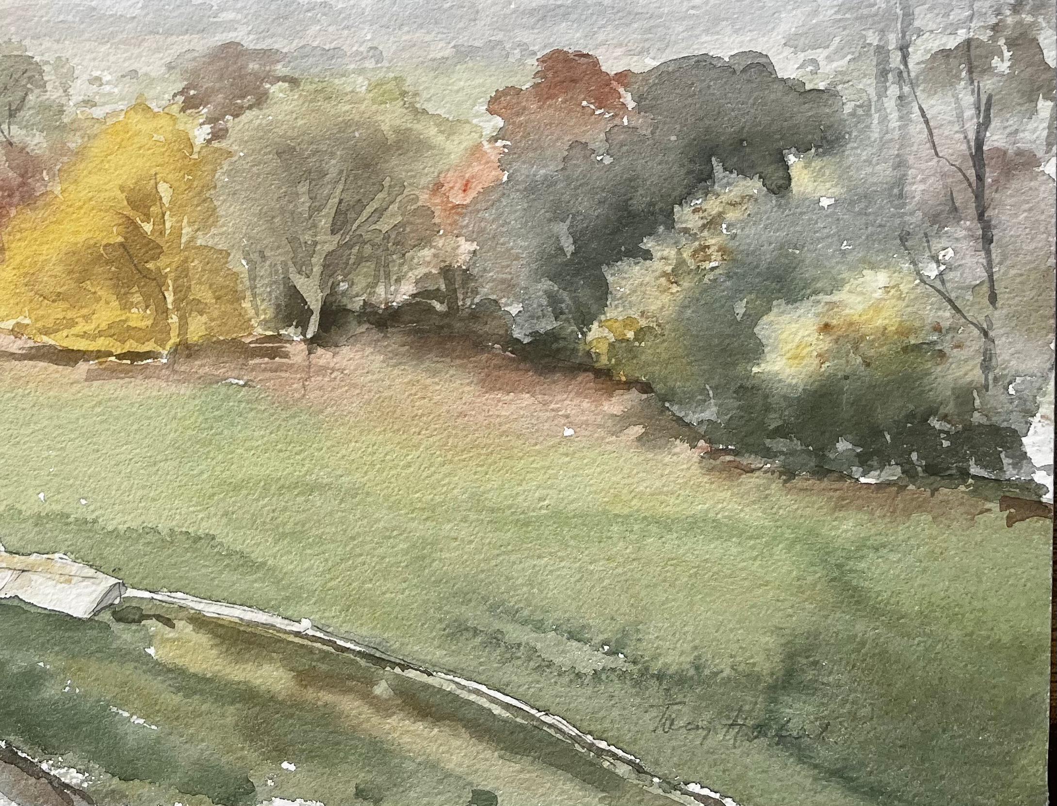 Richmond Park Landschaft Gemälde Blick von Pembroke Lodge Herbstbäume (Grau), Landscape Art, von Anthony Herbert
