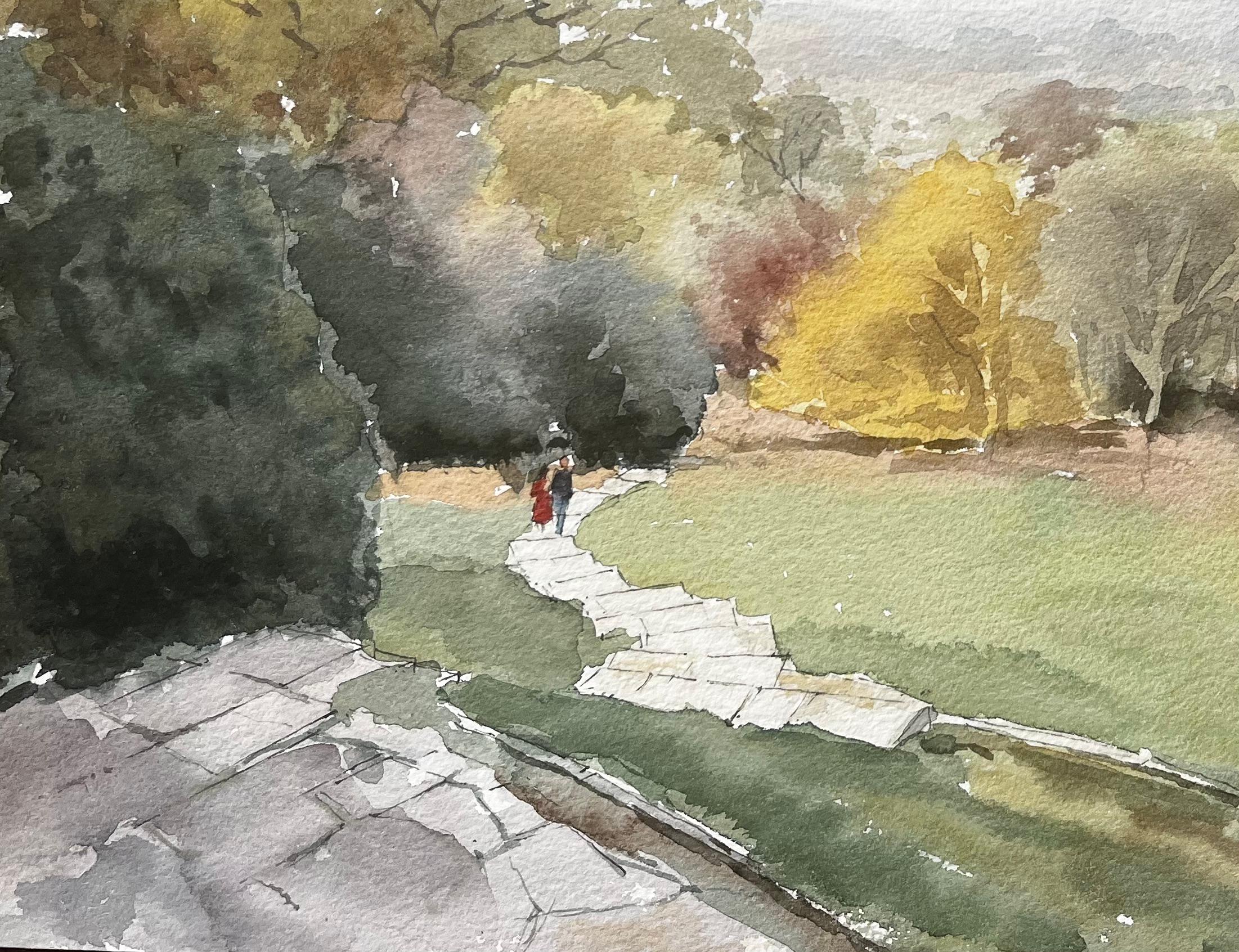 Titel: Richmond Park Landschaft Gemälde Blick von Pembroke Lodge Herbstbäume
Von Tony Herbert (1927-2024)
Signiert: Rechts unten
Medium: Aquarell auf Papier, ungerahmt
Größe: 10 Zoll (Höhe) x 13,75 Zoll (Breite)
Zustand: gut, einige altersbedingte