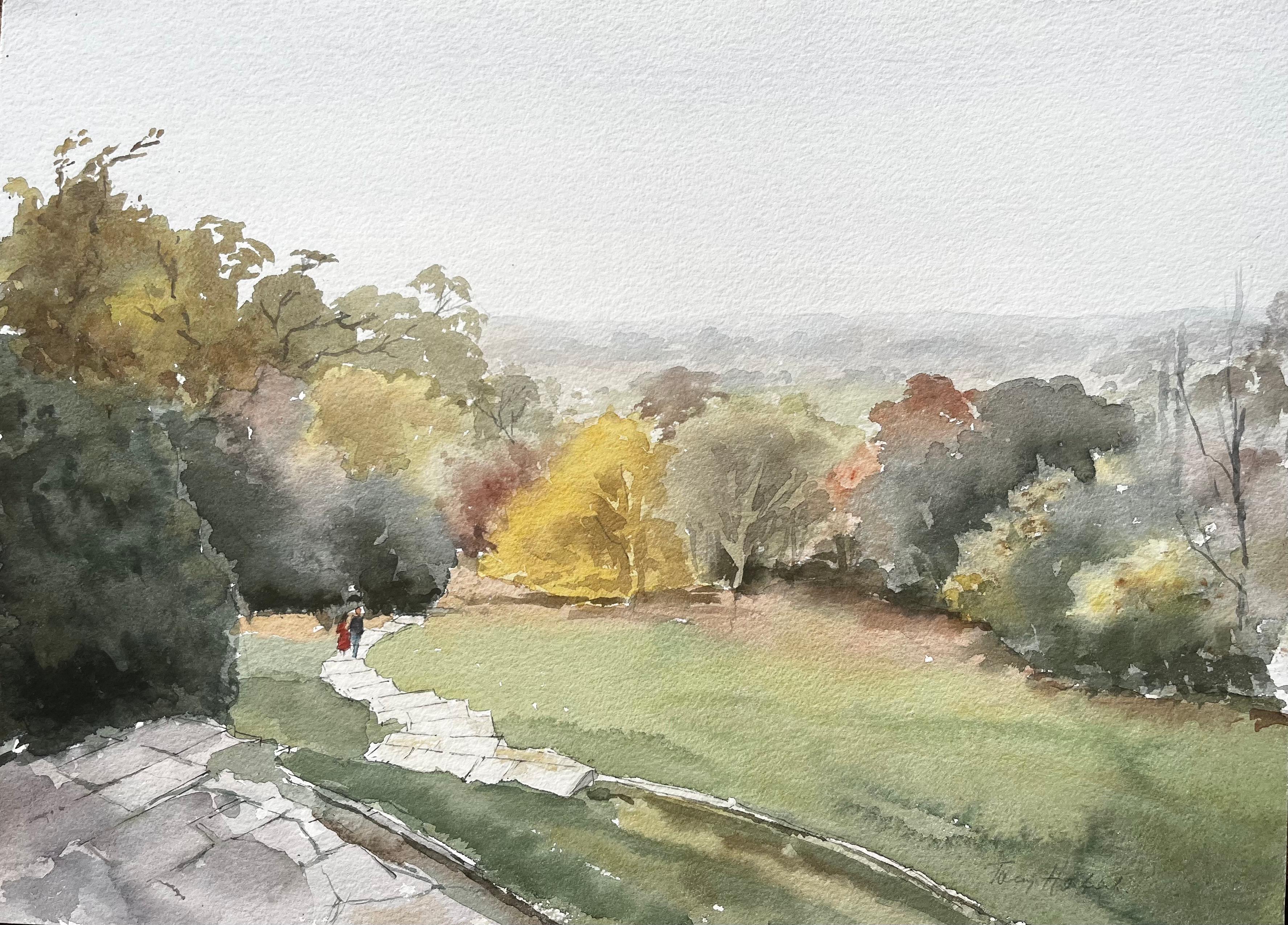 Anthony Herbert Landscape Art – Richmond Park Landschaft Gemälde Blick von Pembroke Lodge Herbstbäume