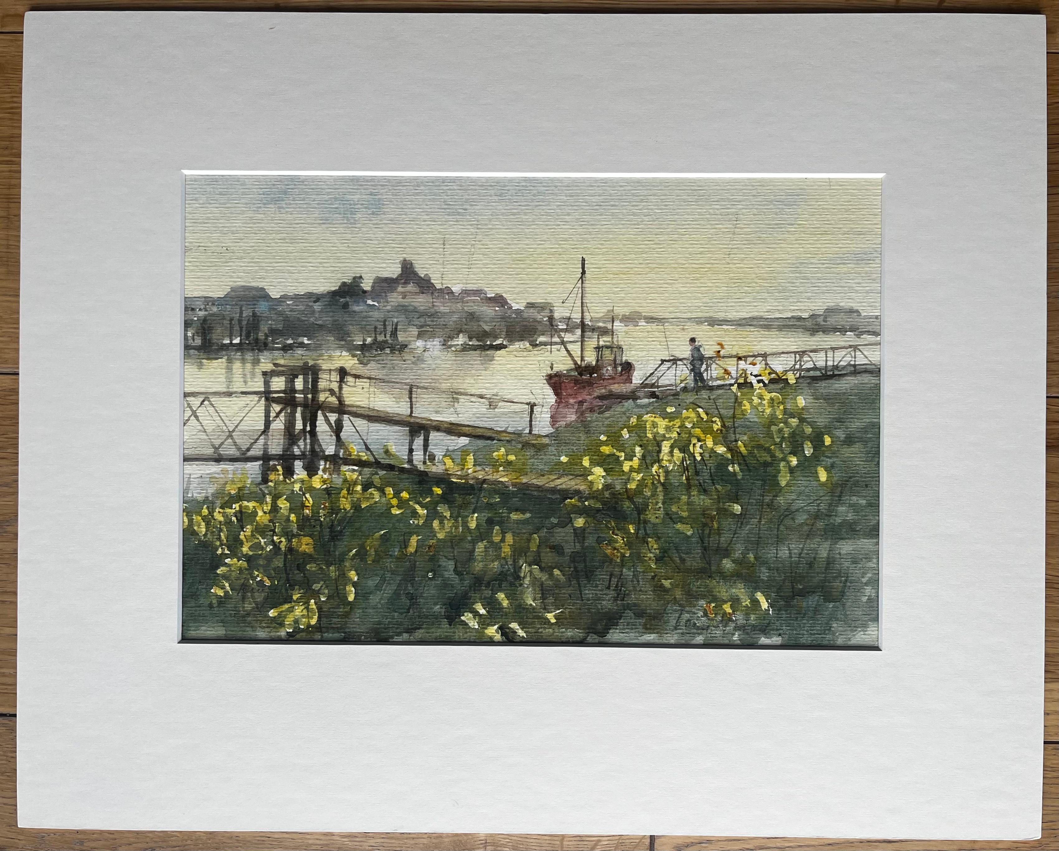 River Jetty with Red Fishing Boat and Wildflowers British Coastal Landscape - Painting by Anthony Herbert