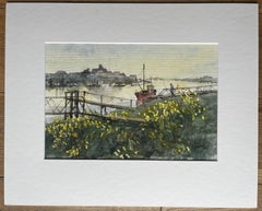 River Jetty with Red Fishing Boat and Wildflowers British Coastal Landscape
