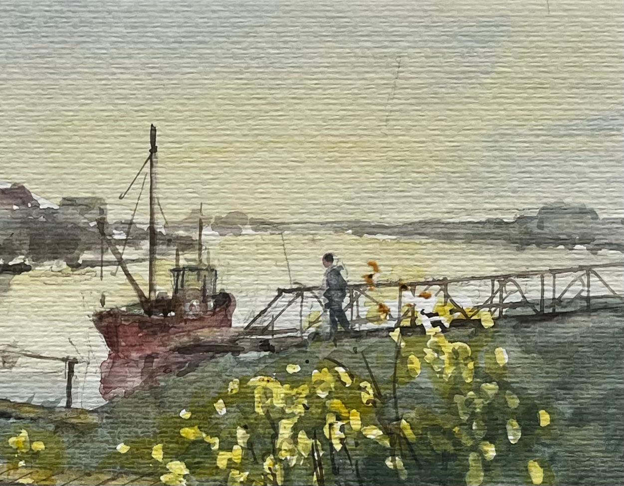 River Jetty with Red Fishing Boat and Wildflowers British Coastal Landscape - Impressionist Painting by Anthony Herbert