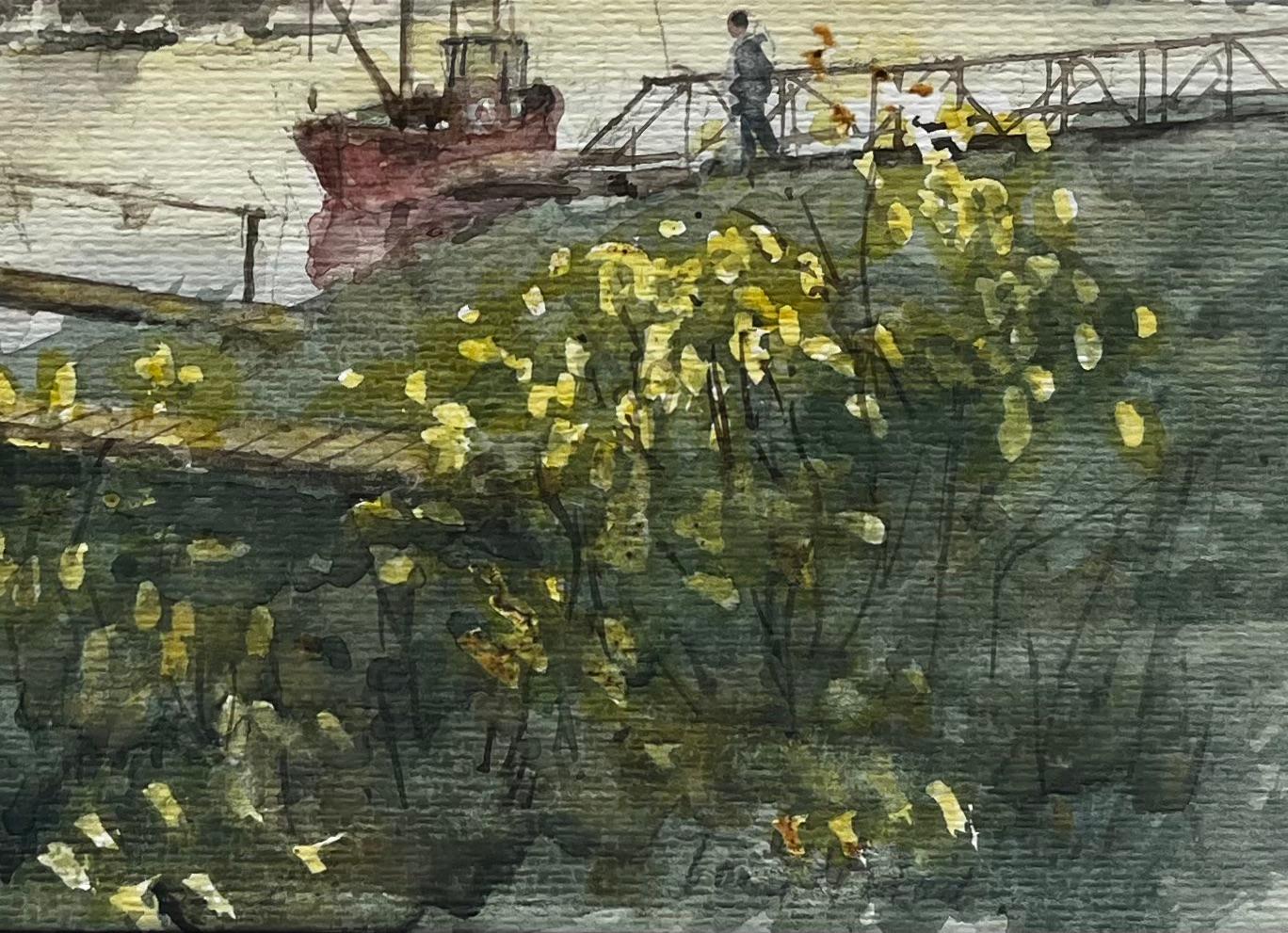 River Jetty with Red Fishing Boat and Wildflowers British Coastal Landscape - Gray Landscape Painting by Anthony Herbert