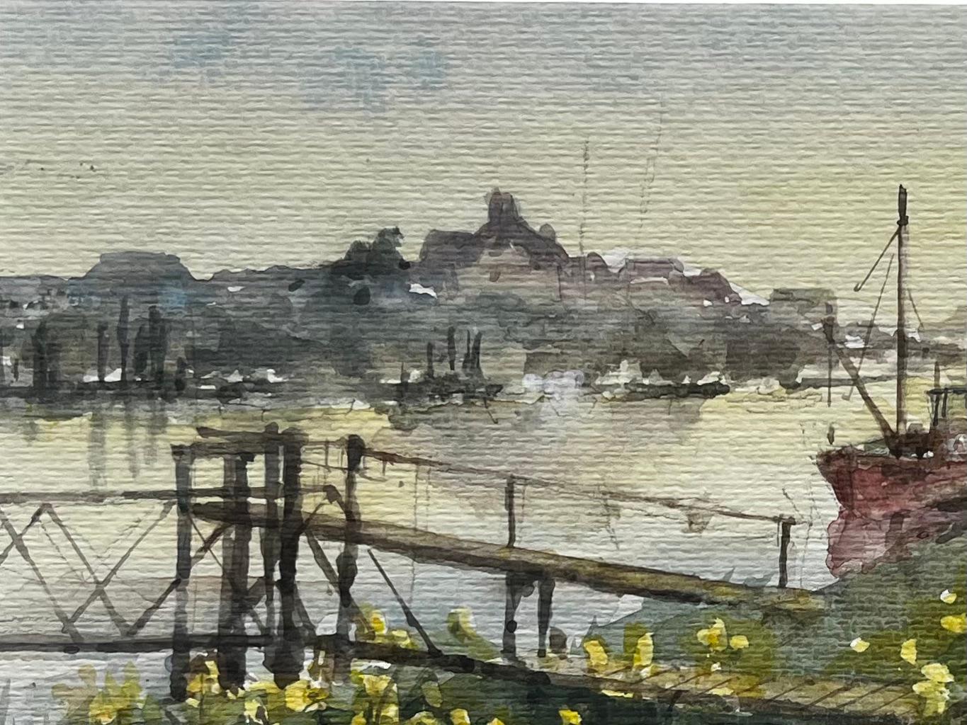 Title: River Jetty with Red Fishing Boat and Wildflowers British Coastal Landscape
By Tony Herbert (1927-2024)
Signed: Bottom right
Medium: Watercolor on paper, mounted
Size: 14 inches (height) x 17.5 inches (width)
Condition: good, with some signs