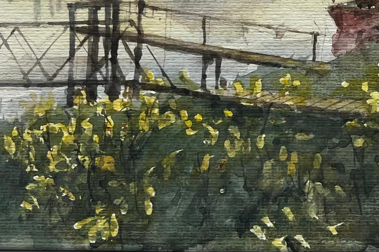 River Jetty with Red Fishing Boat and Wildflowers British Coastal Landscape For Sale 1