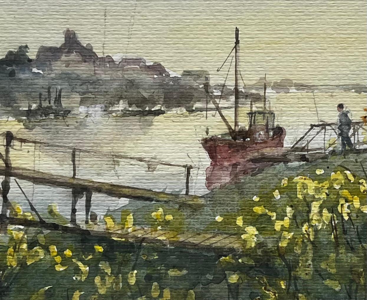 River Jetty with Red Fishing Boat and Wildflowers British Coastal Landscape For Sale 2
