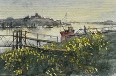 River Jetty with Red Fishing Boat and Wildflowers British Coastal Landscape