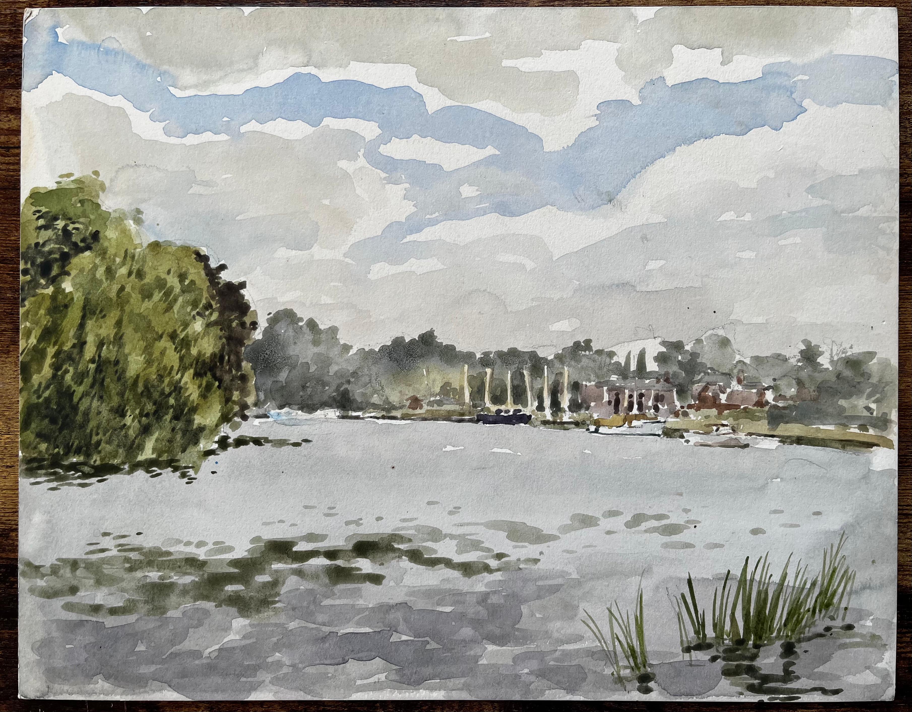 Flusslandschaft der Themse bei Cookham mit Booten und Bäumen unter Sommerhimmel 1976 – Art von Anthony Herbert