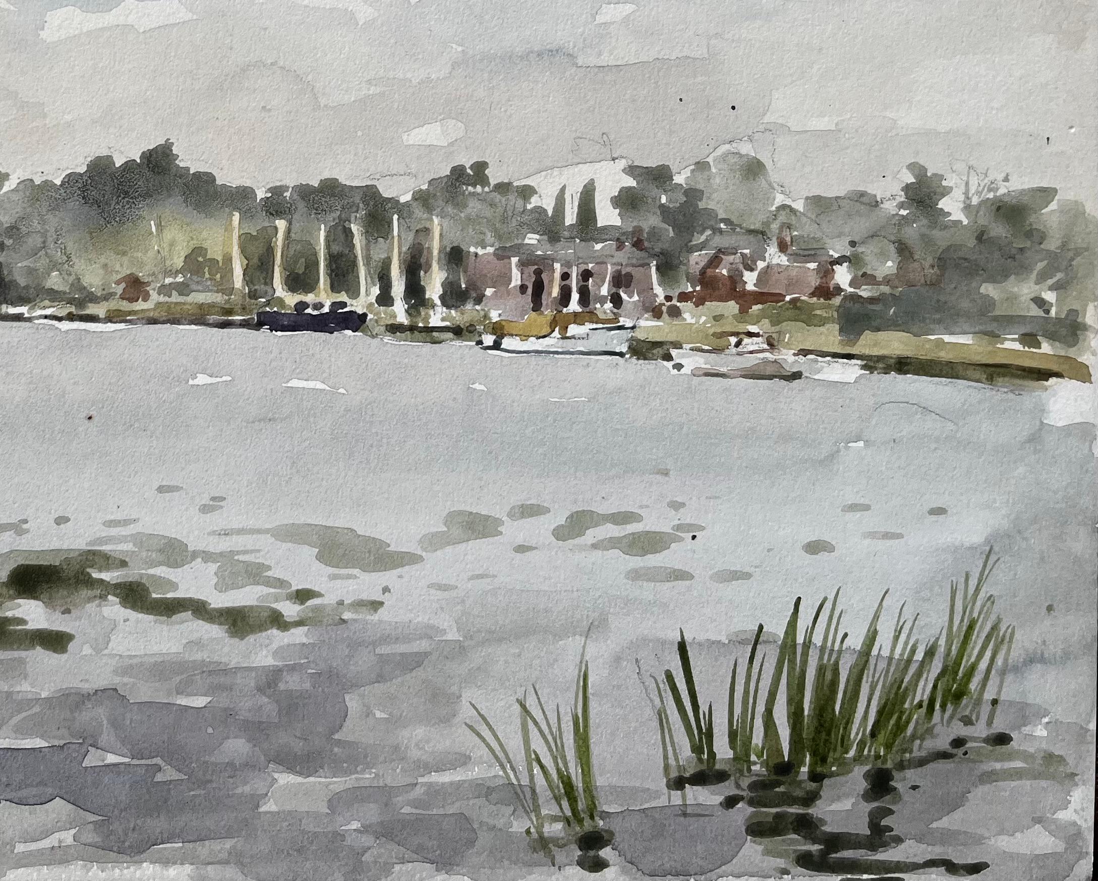 Flusslandschaft der Themse bei Cookham mit Booten und Bäumen unter Sommerhimmel 1976 (Impressionismus), Art, von Anthony Herbert