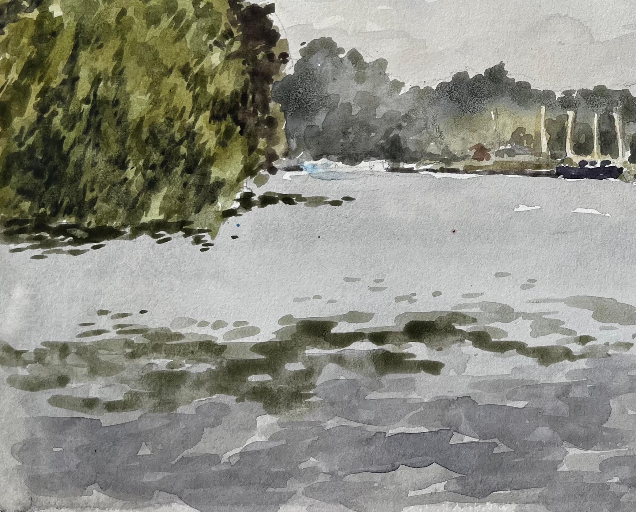 Flusslandschaft der Themse bei Cookham mit Booten und Bäumen unter Sommerhimmel 1976 (Grau), Landscape Art, von Anthony Herbert