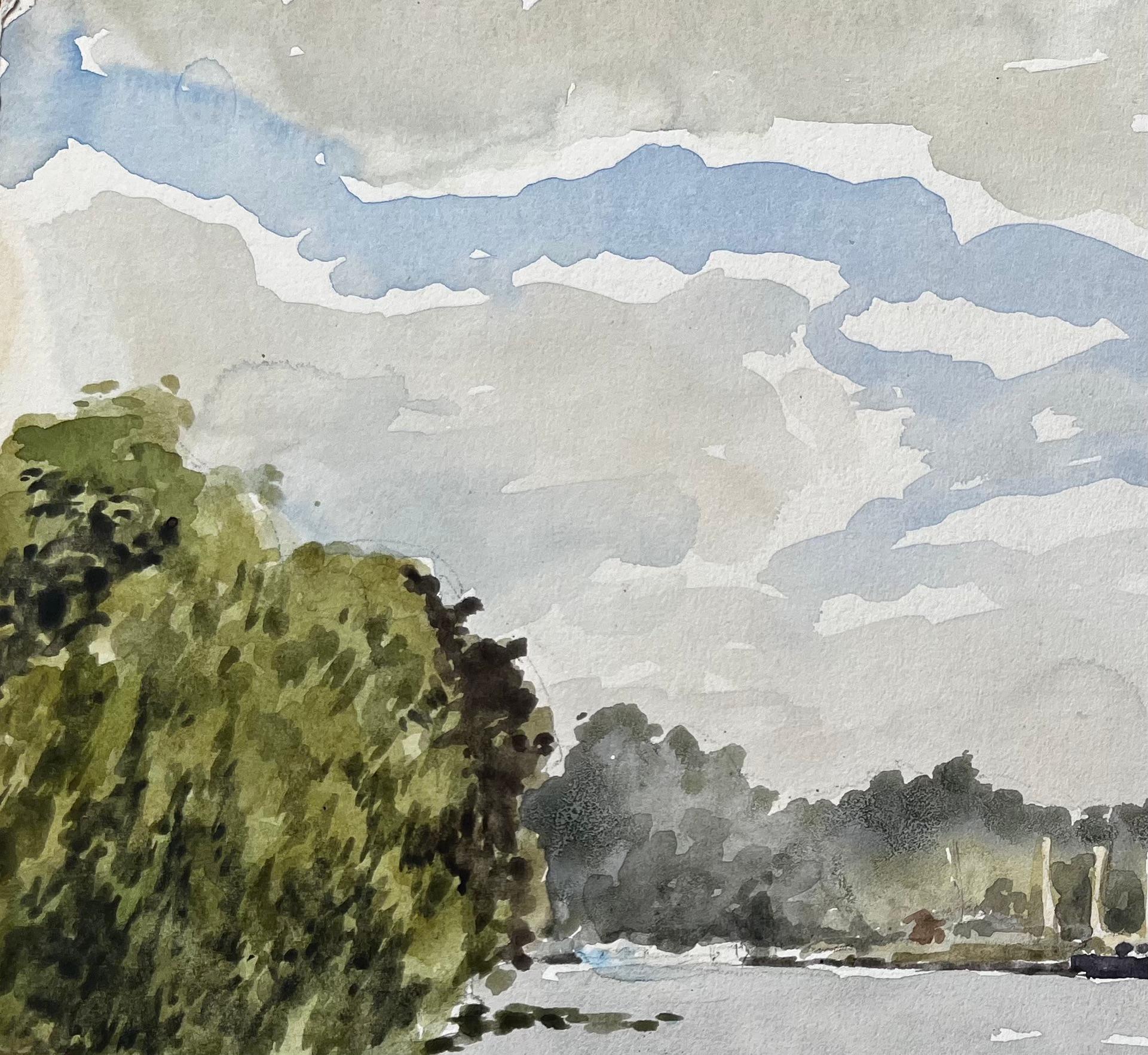 Titel: Themse-Landschaft bei Cookham mit Booten und Bäumen unter Sommerhimmel 1976
Von Tony Herbert (1927-2024)
Medium: Aquarell auf Karton, ungerahmt
Größe: 10,75 Zoll (Höhe) x 13,5 Zoll (Breite)
Zustand: gut, einige altersbedingte