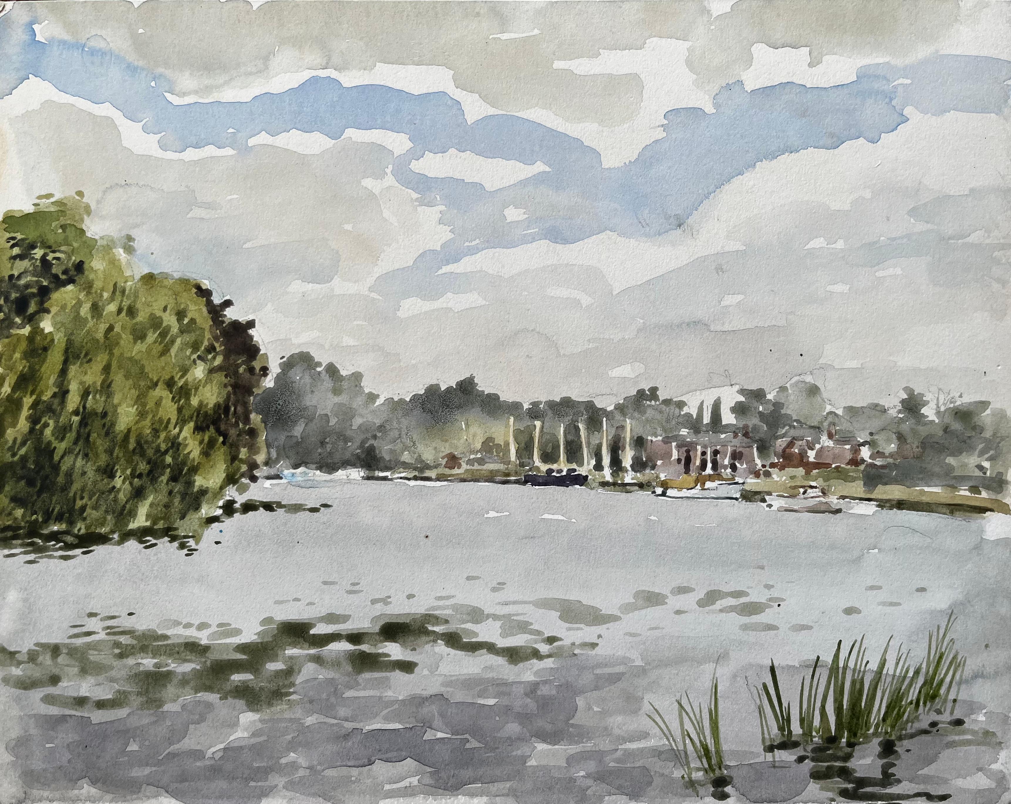 Anthony Herbert Landscape Art – Flusslandschaft der Themse bei Cookham mit Booten und Bäumen unter Sommerhimmel 1976