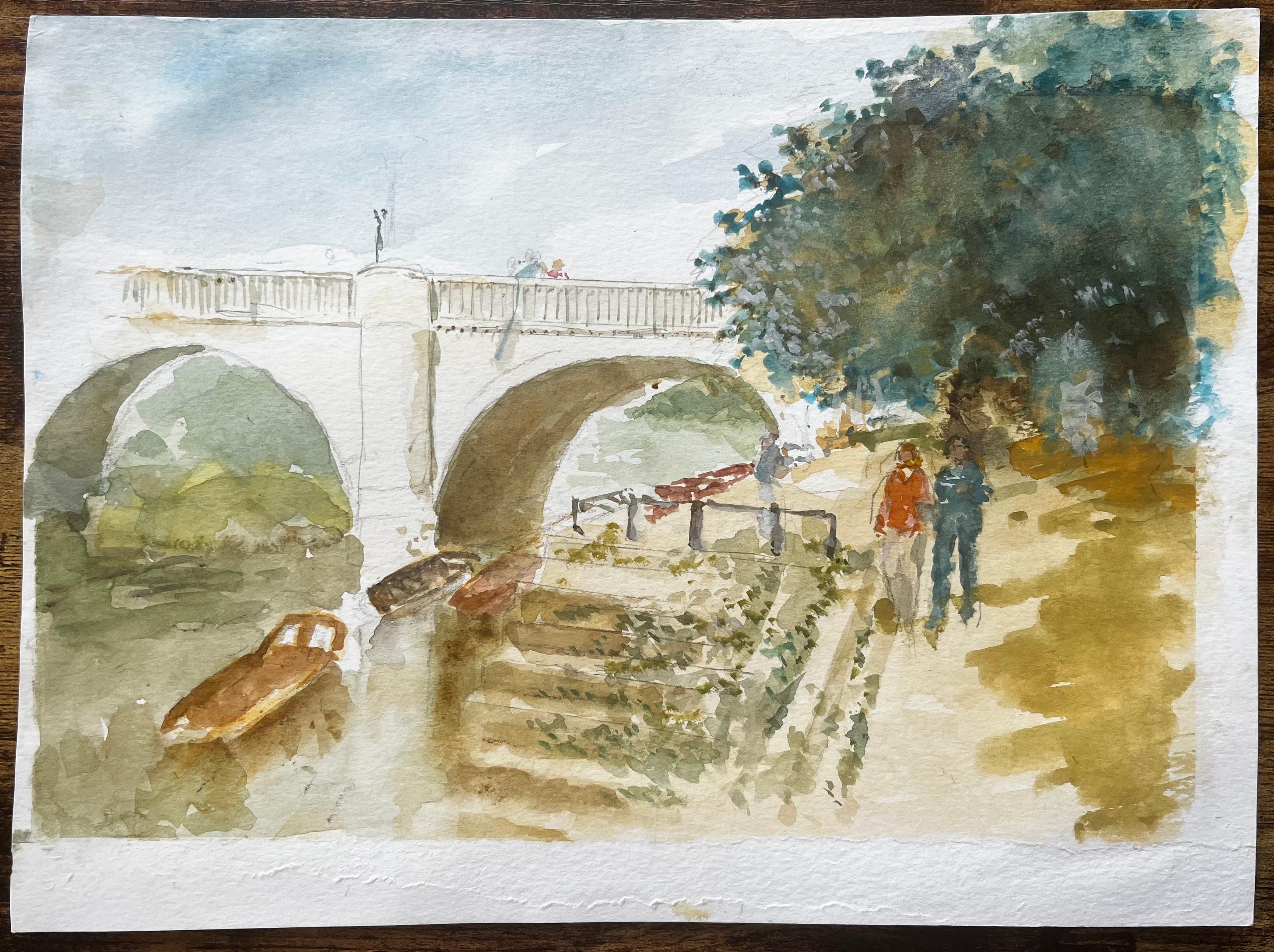 Spaziergang am Flussufer bei der Richmond Bridge mit Booten und Bäumen Londoner Aquarellszene – Painting von Anthony Herbert