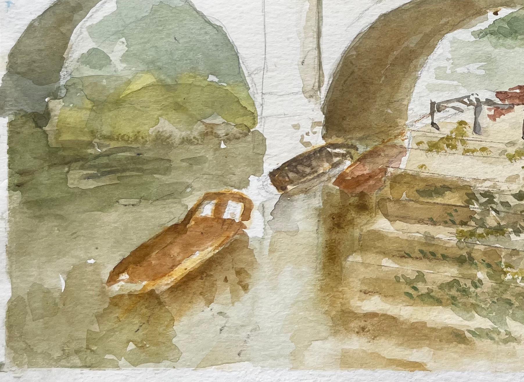 Spaziergang am Flussufer bei der Richmond Bridge mit Booten und Bäumen Londoner Aquarellszene (Impressionismus), Painting, von Anthony Herbert