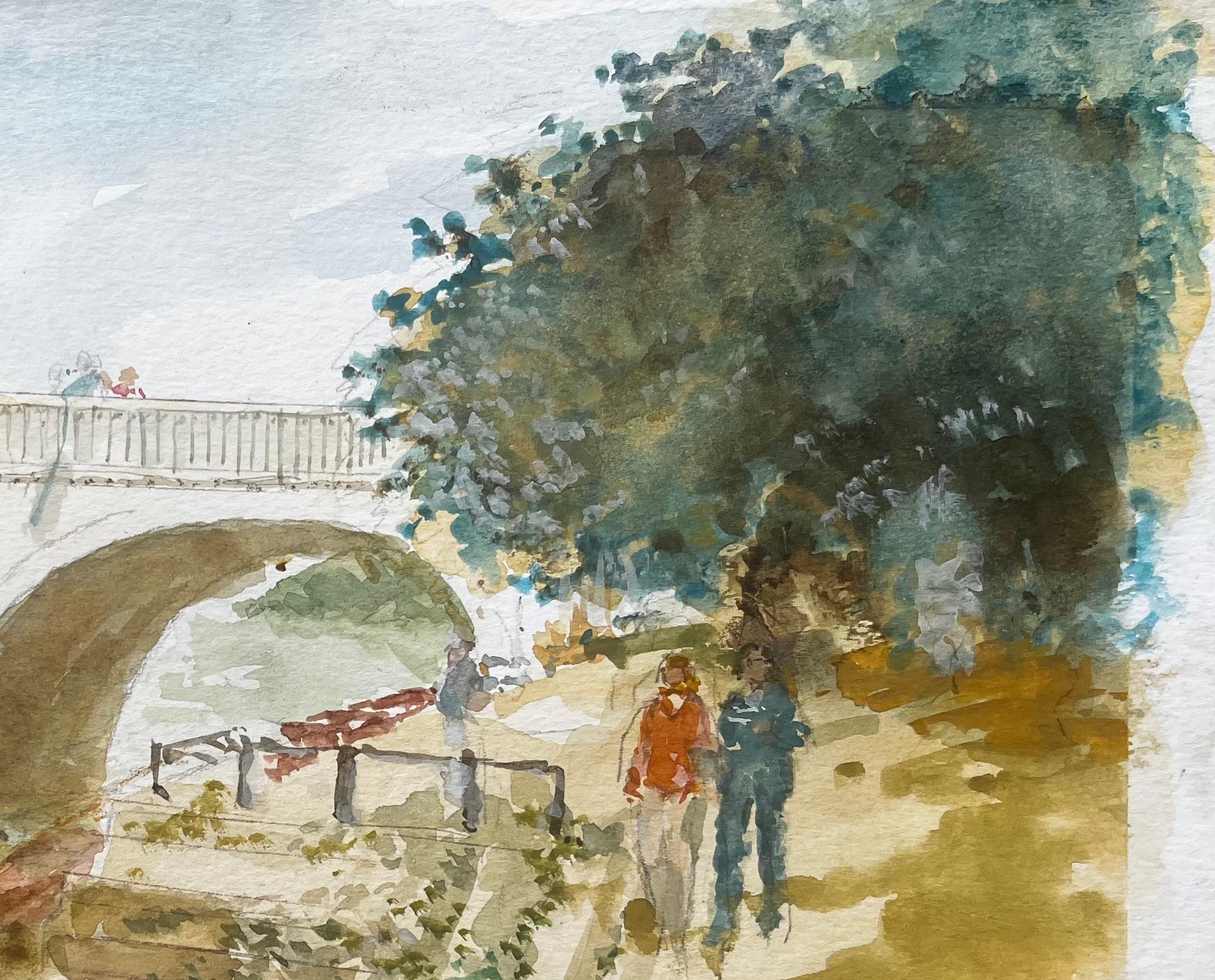Spaziergang am Flussufer bei der Richmond Bridge mit Booten und Bäumen Londoner Aquarellszene im Angebot 1