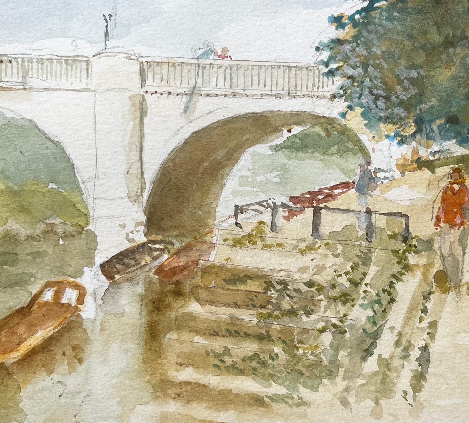 Spaziergang am Flussufer bei der Richmond Bridge mit Booten und Bäumen Londoner Aquarellszene im Angebot 2