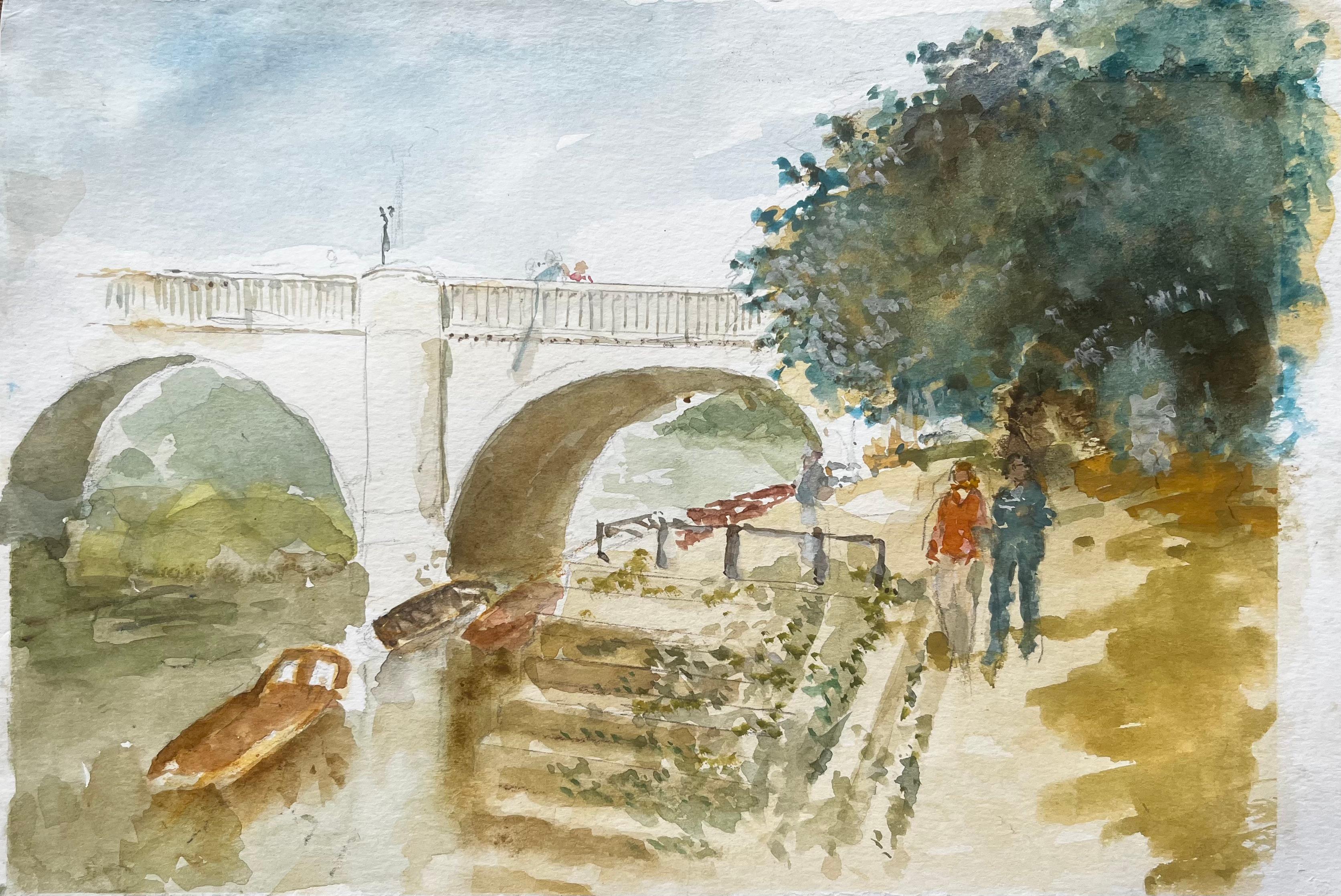 Anthony Herbert Landscape Painting – Spaziergang am Flussufer bei der Richmond Bridge mit Booten und Bäumen Londoner Aquarellszene