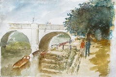 Spaziergang am Flussufer bei der Richmond Bridge mit Booten und Bäumen Londoner Aquarellszene