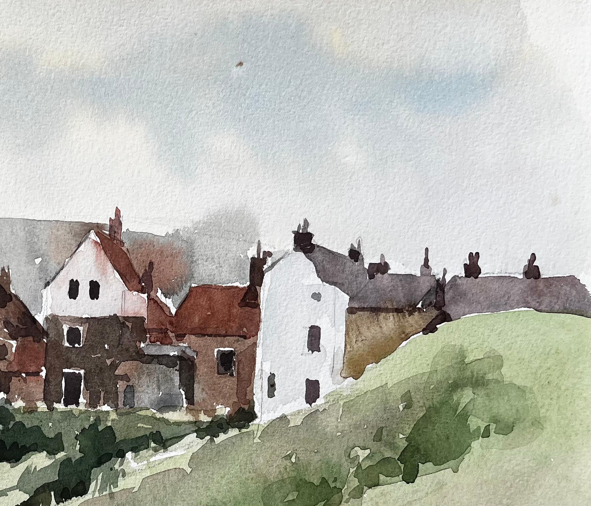 Robin Hoods Bay Cliffside Cottages et vue sur la mer avec clôture Yorkshire 1983 - Impressionnisme Art par Anthony Herbert