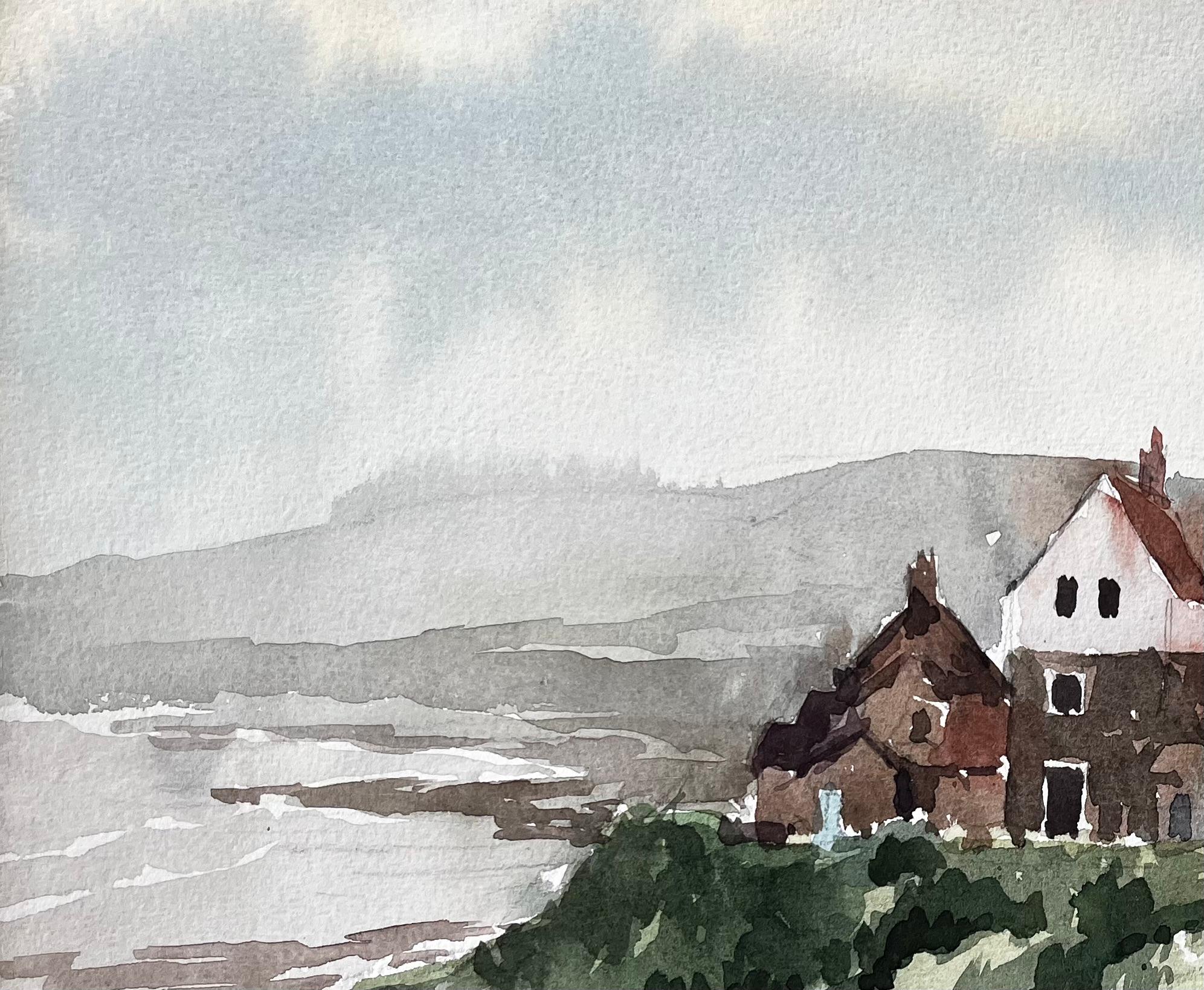 Robin Hoods Bay Cliffside Cottages et vue sur la mer avec clôture Yorkshire 1983 - Gris Landscape Art par Anthony Herbert