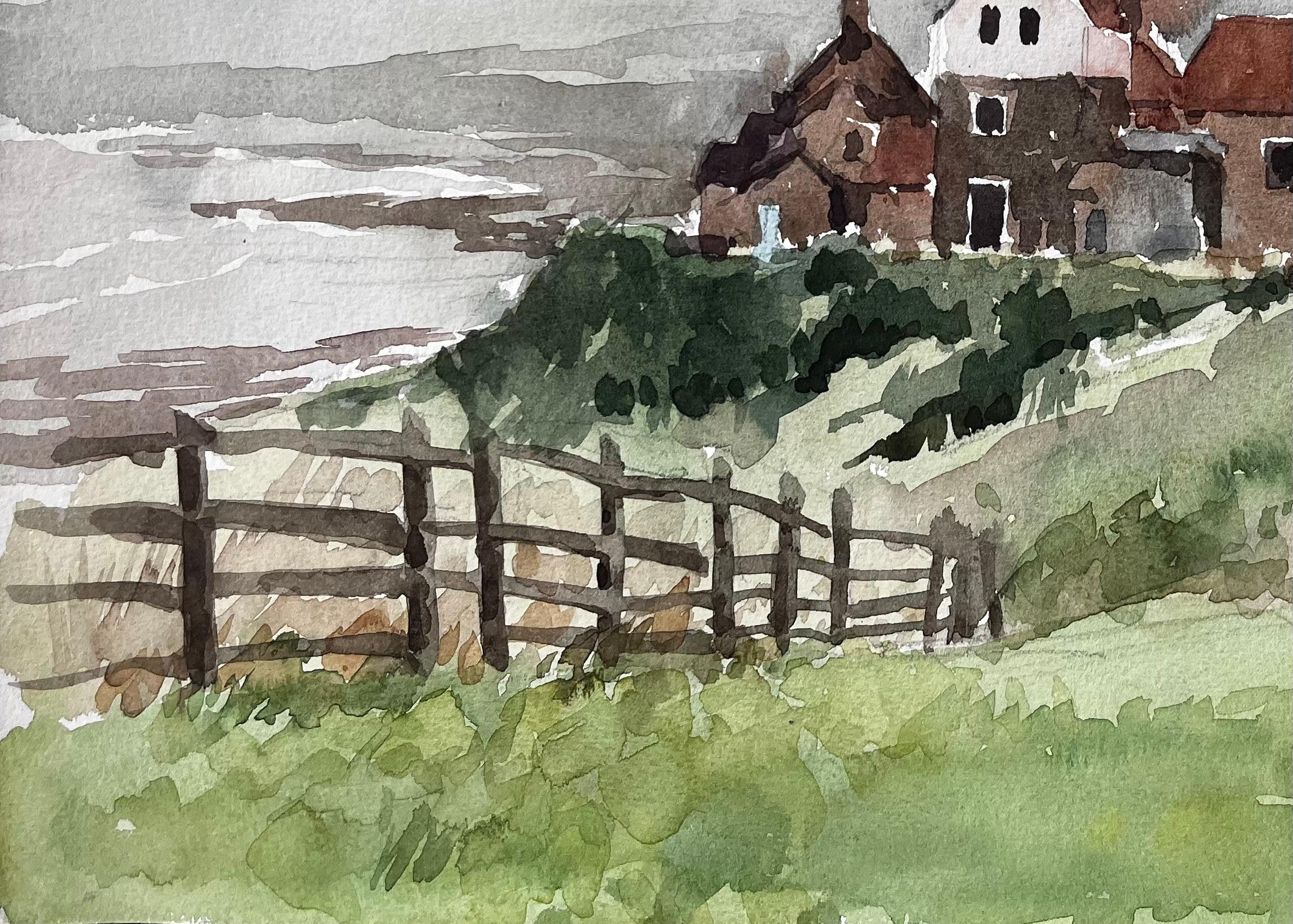 Titre : Robin Hoods Bay Cliffside Cottages and Sea View with Fence Yorkshire 1983 (Baie de Robin des Bois, chalets à flanc de falaise et vue sur la mer avec clôture)
Par Tony Herbert (1927-2024)
Moyen d'expression : Aquarelle sur papier, non