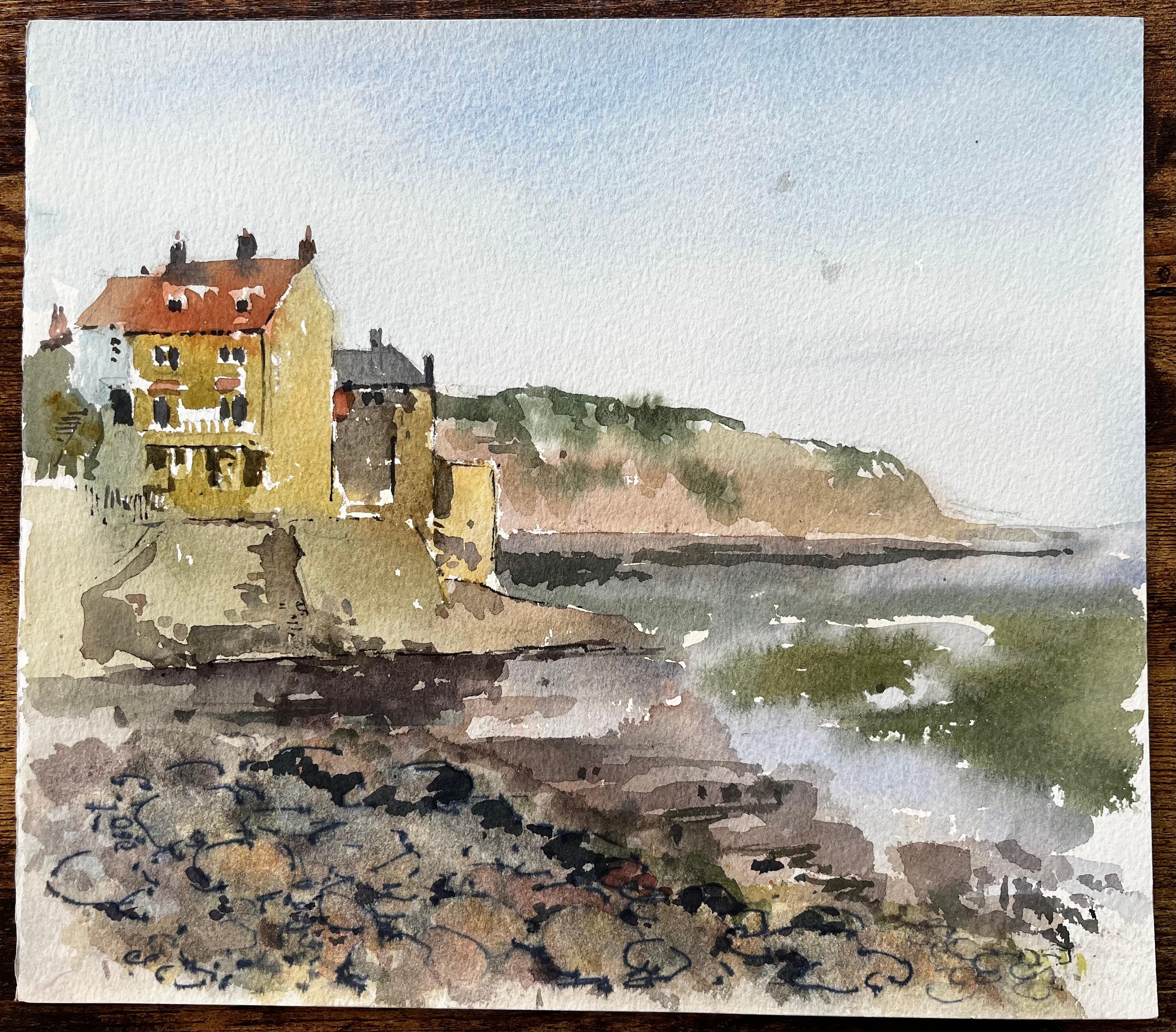 Robin Hoods Bay Klippenblick mit Meer und Felsen Yorkshire Coast 1983 (Impressionismus), Painting, von Anthony Herbert