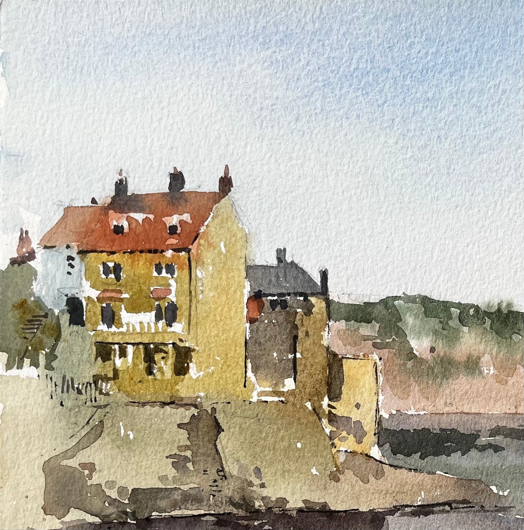 Robin Hoods Bay Klippenblick mit Meer und Felsen Yorkshire Coast 1983 (Grau), Landscape Painting, von Anthony Herbert