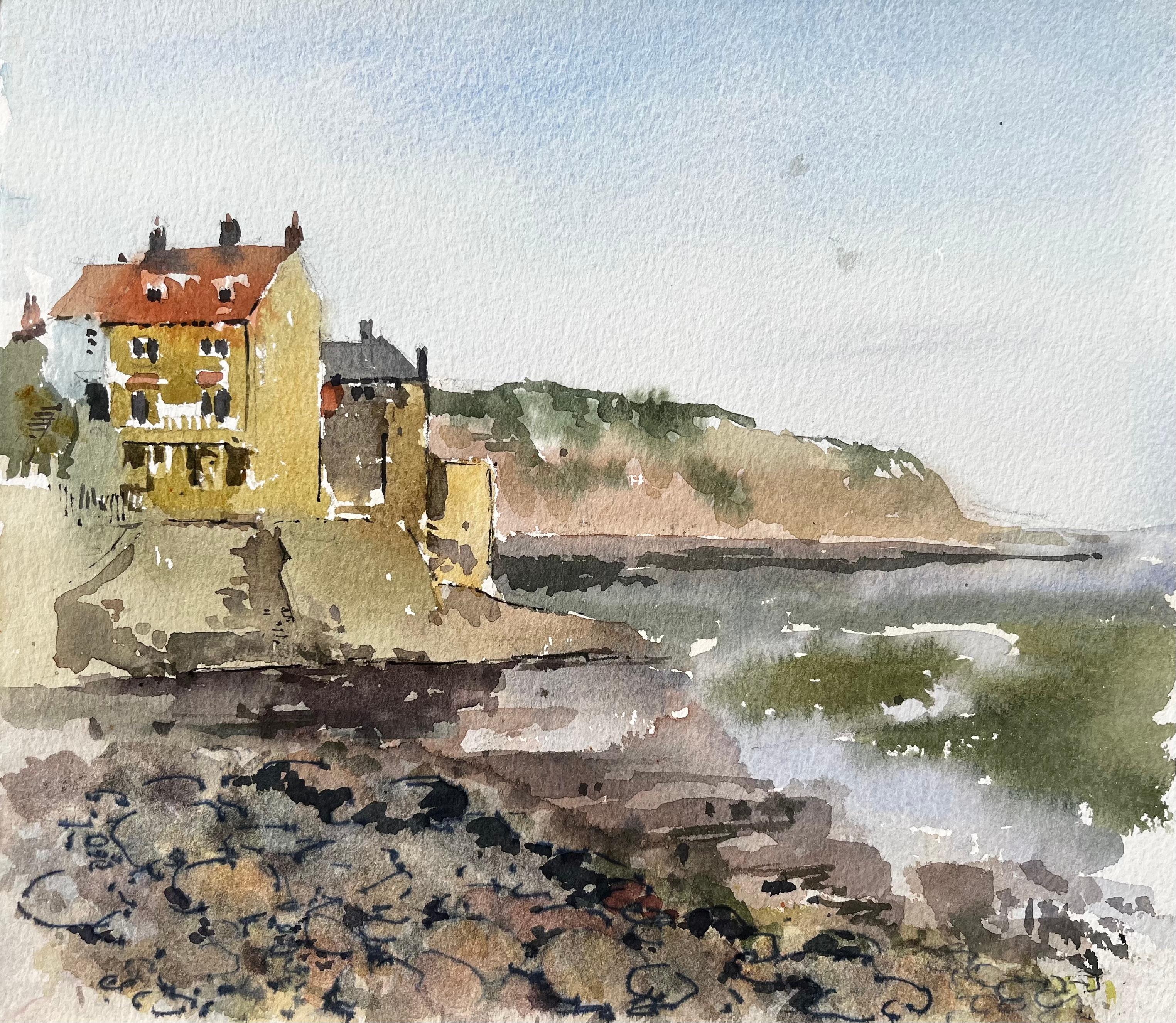 Anthony Herbert Landscape Painting – Robin Hoods Bay Klippenblick mit Meer und Felsen Yorkshire Coast 1983