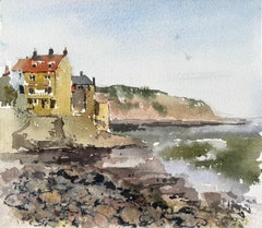 Robin Hoods Bay Klippenblick mit Meer und Felsen Yorkshire Coast 1983