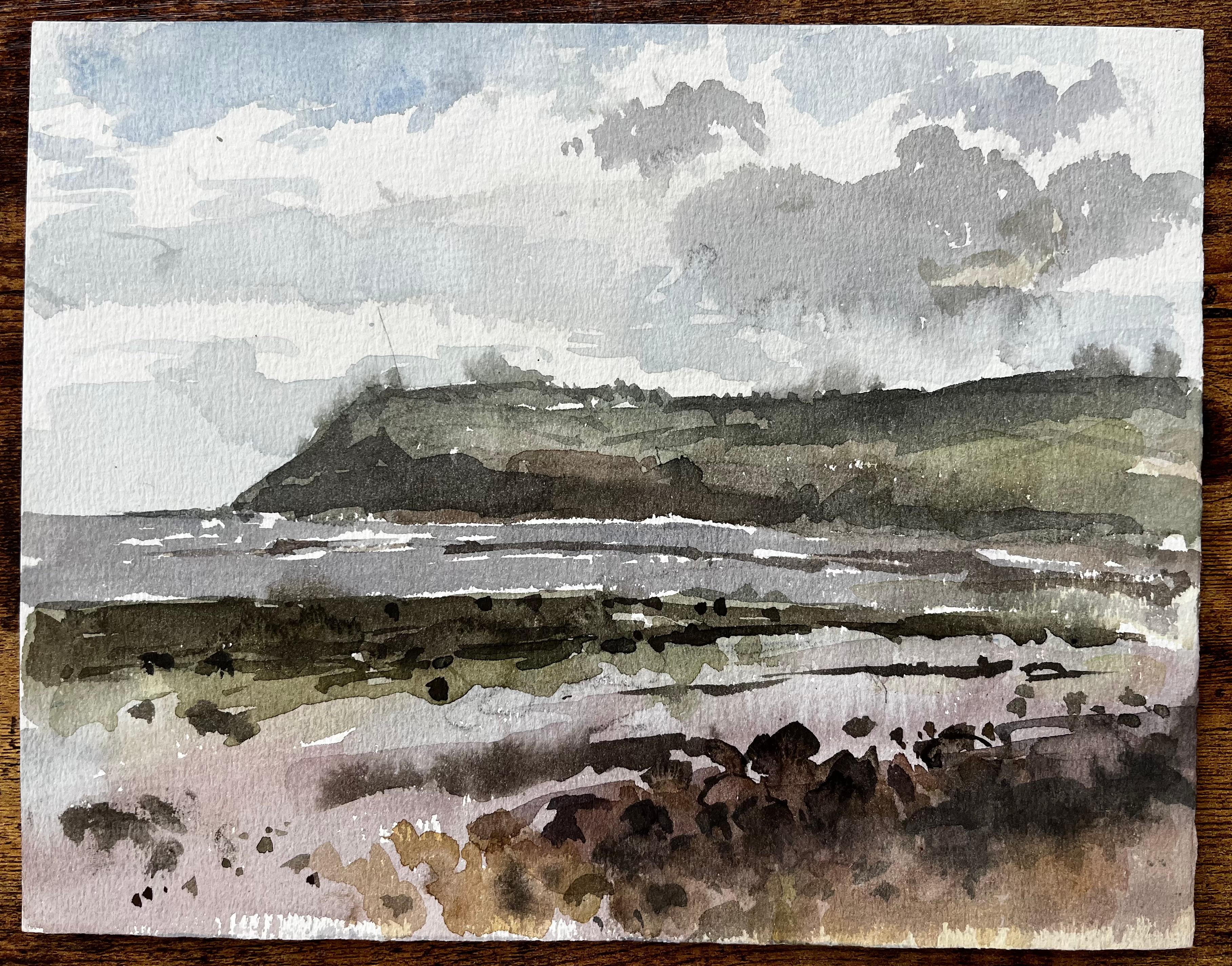 Robin Hoods Bay Headland and Shoreline Under Cloudy Sky Yorkshire 1983 - Art by Anthony Herbert