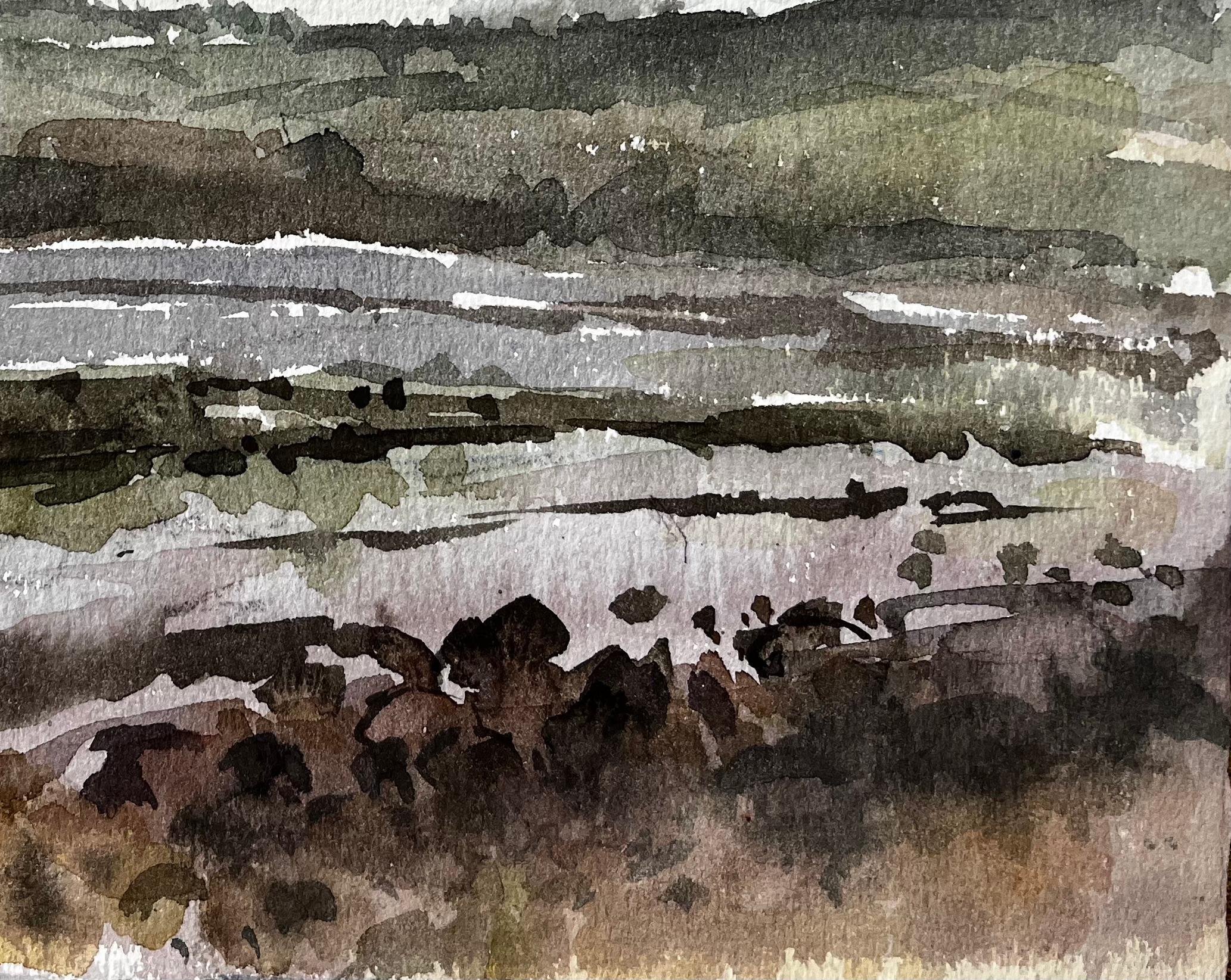 Robin Hoods Bay Headland and Shoreline Under Cloudy Sky Yorkshire 1983 - Impressionist Art by Anthony Herbert