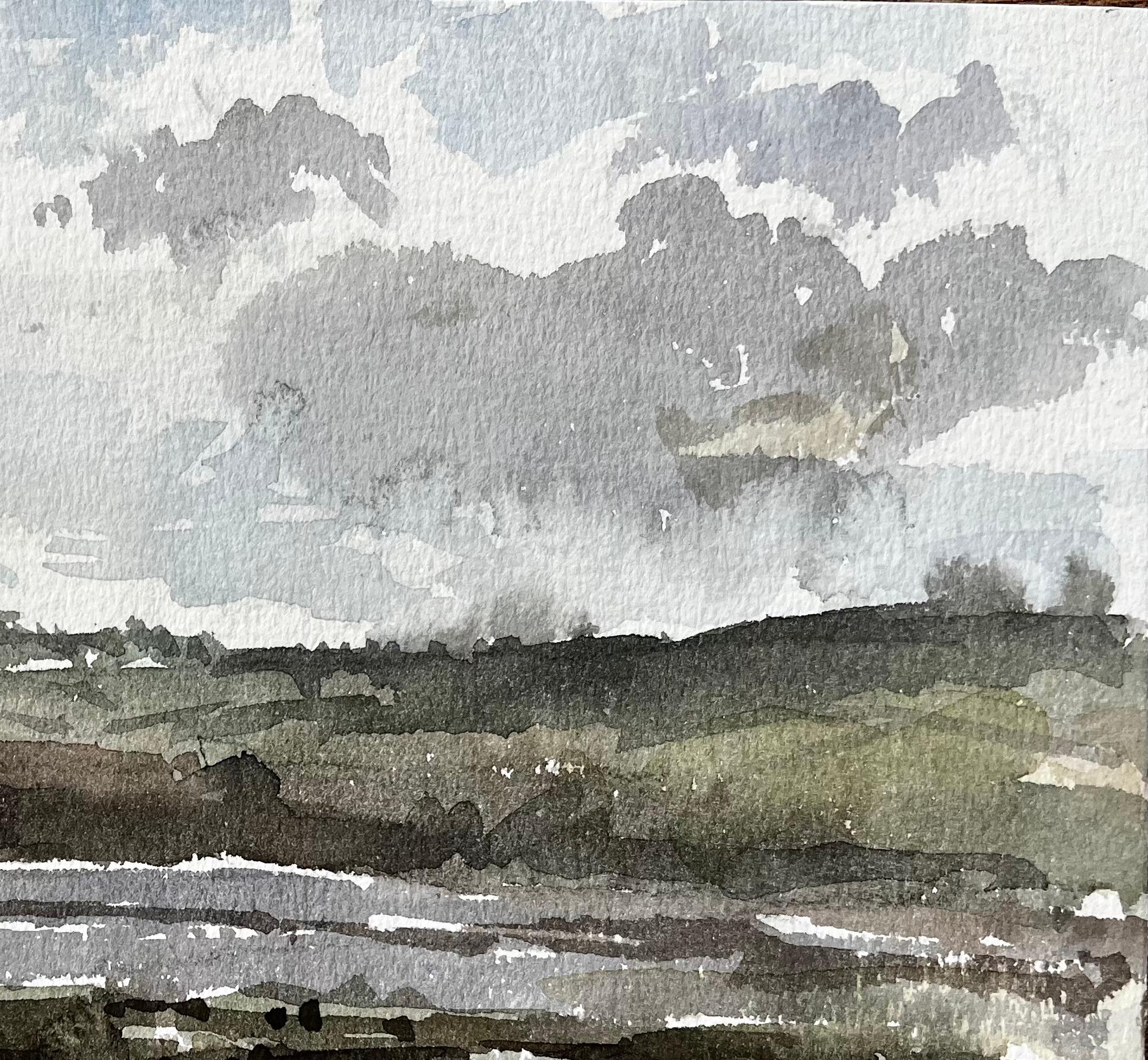 Robin Hoods Bay Headland and Shoreline Under Cloudy Sky Yorkshire 1983 - Gray Landscape Art by Anthony Herbert