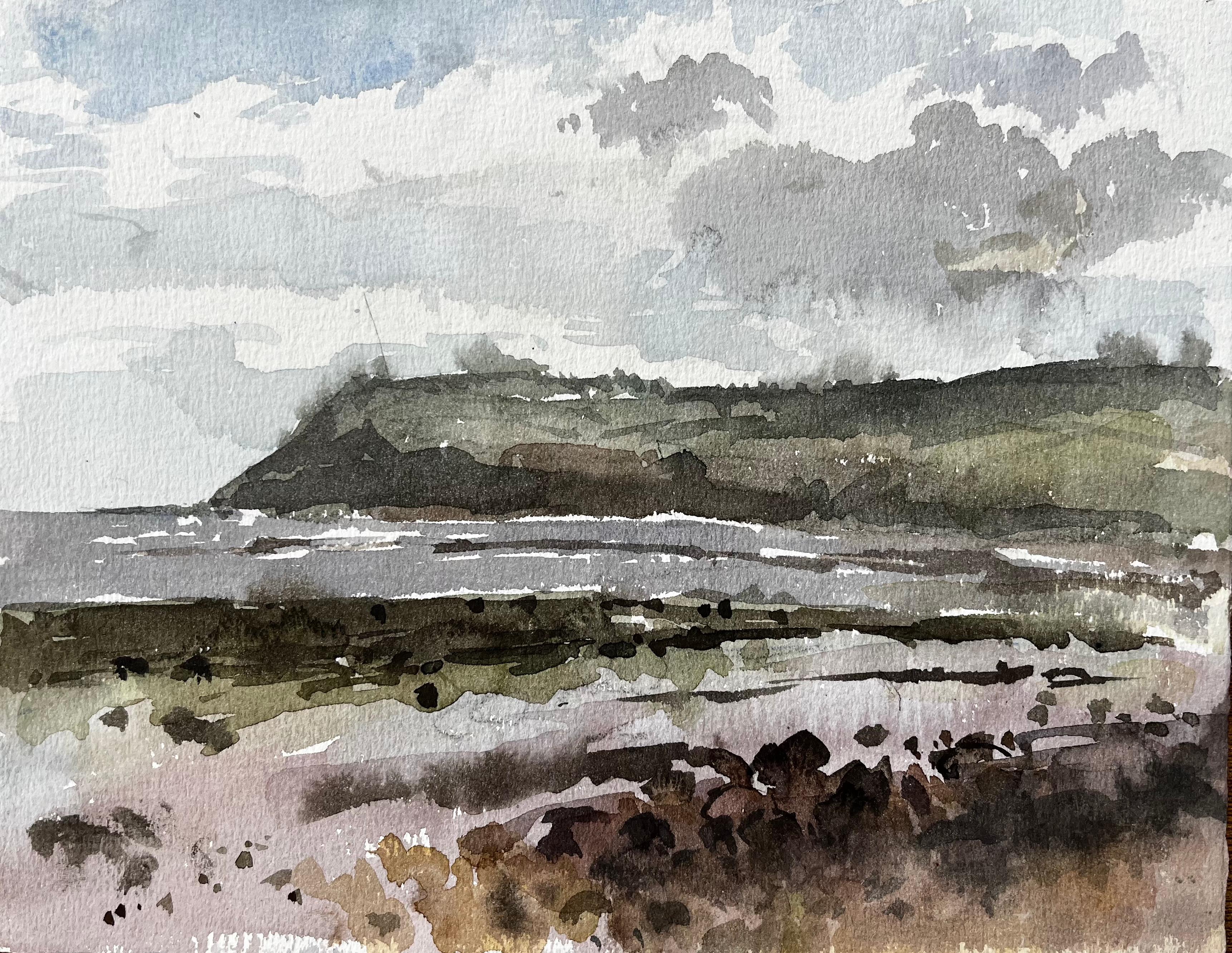 Anthony Herbert Landscape Art - Robin Hoods Bay Headland and Shoreline Under Cloudy Sky Yorkshire 1983