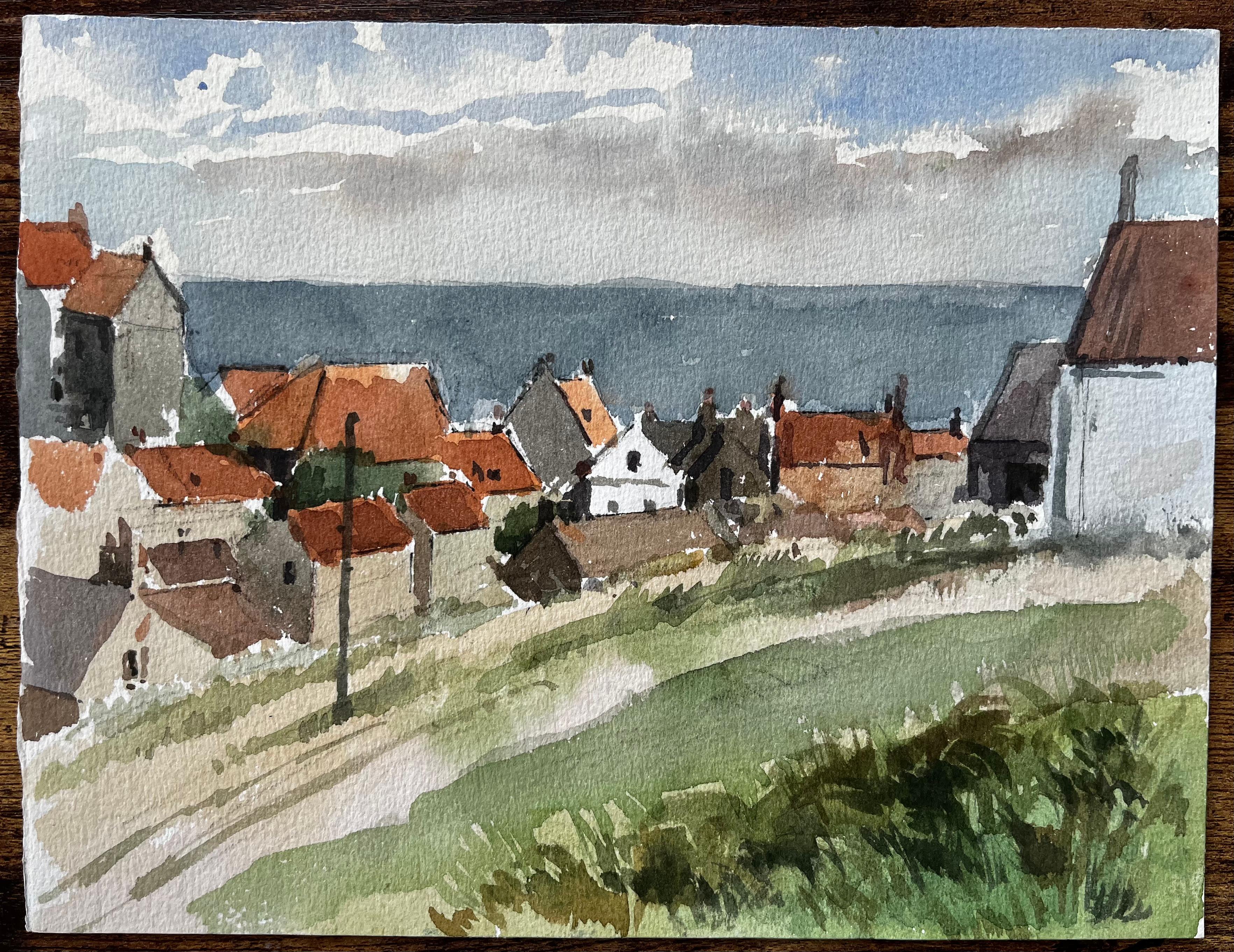 Robin Hoods Bay Rooftop View Looking Out to Sea Yorkshire Coast 1983 - Painting by Anthony Herbert