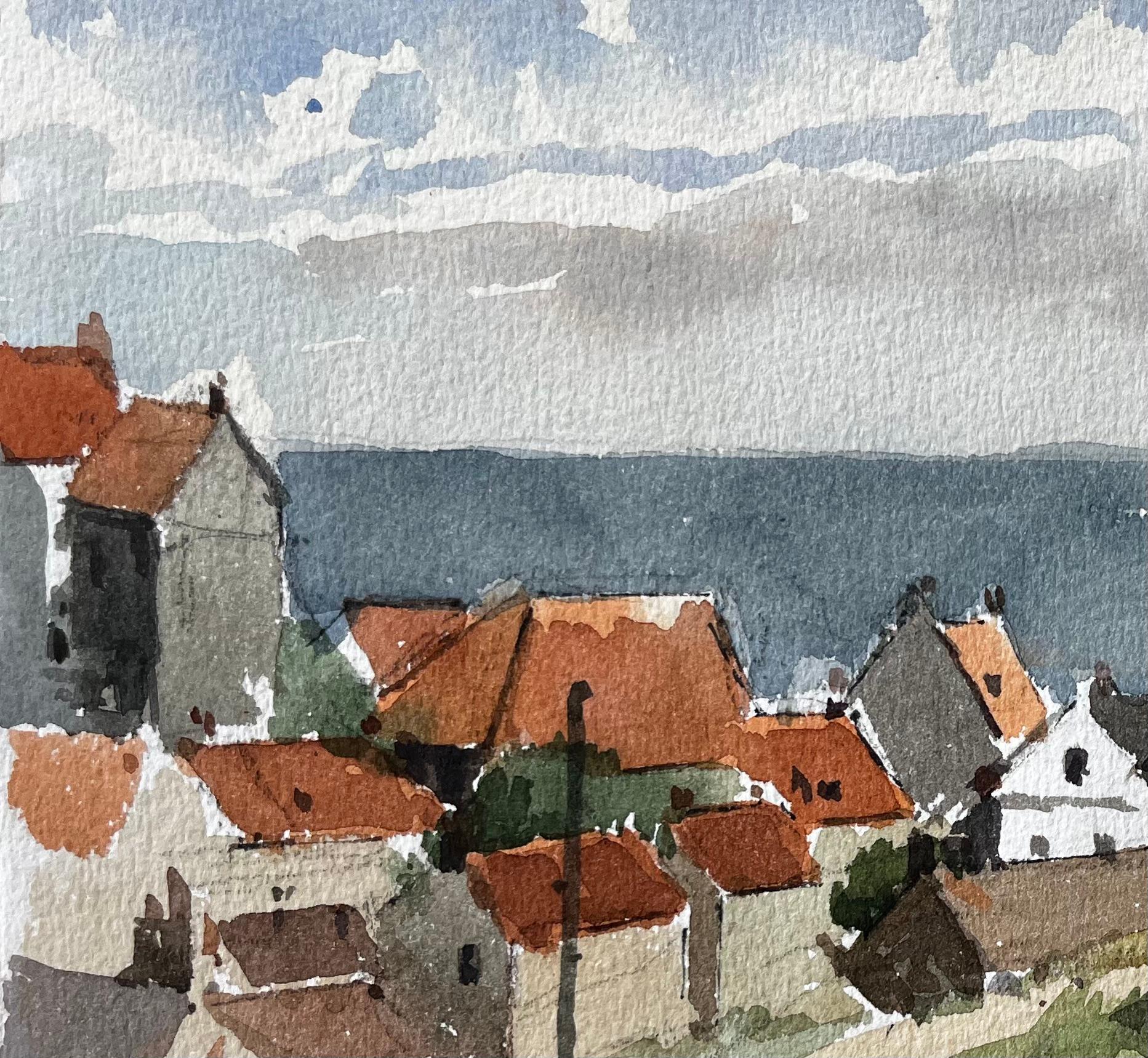 Robin Hoods Bay Rooftop View Looking Out to Sea Yorkshire Coast 1983 - Impressionist Painting by Anthony Herbert