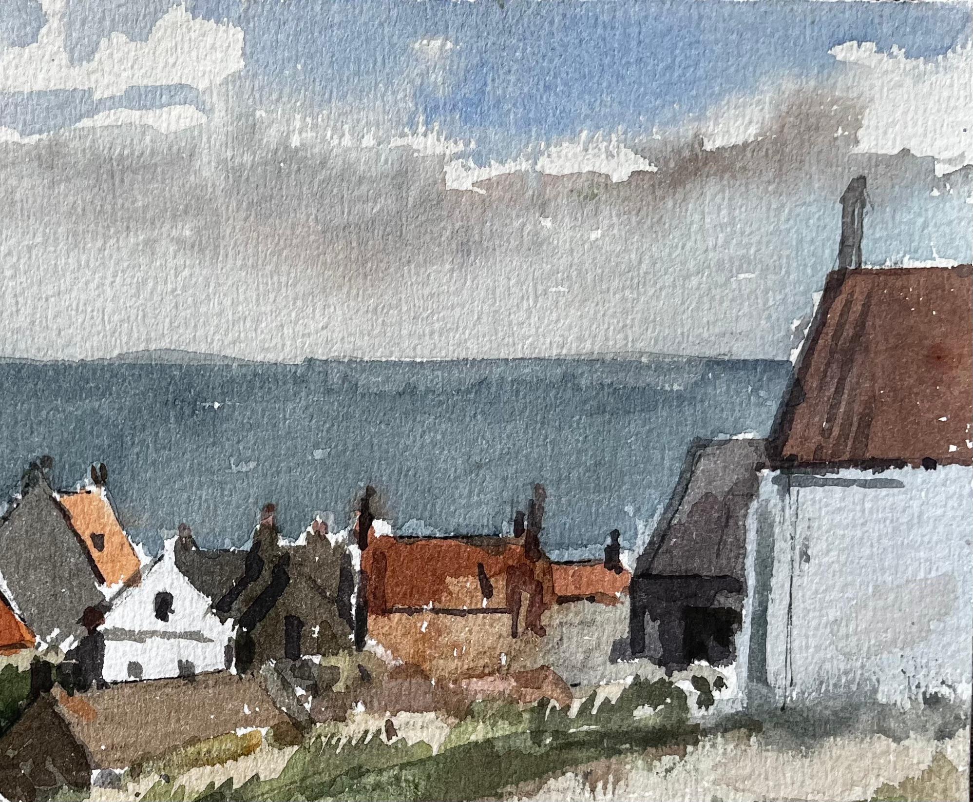 Robin Hoods Bay Rooftop View Looking Out to Sea Yorkshire Coast 1983 - Gray Landscape Painting by Anthony Herbert