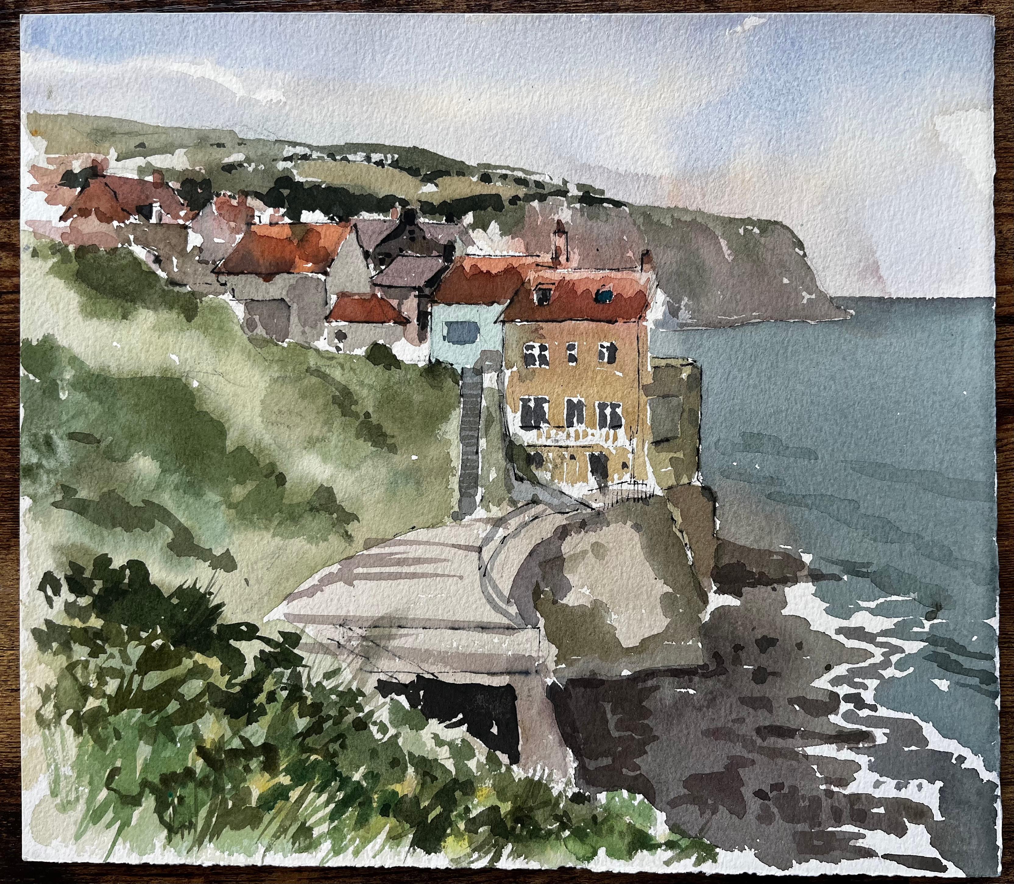 Robin Hoods Bay Seafront Path with Red Roofed Cottages Yorkshire Coast 1983 - Painting de Anthony Herbert
