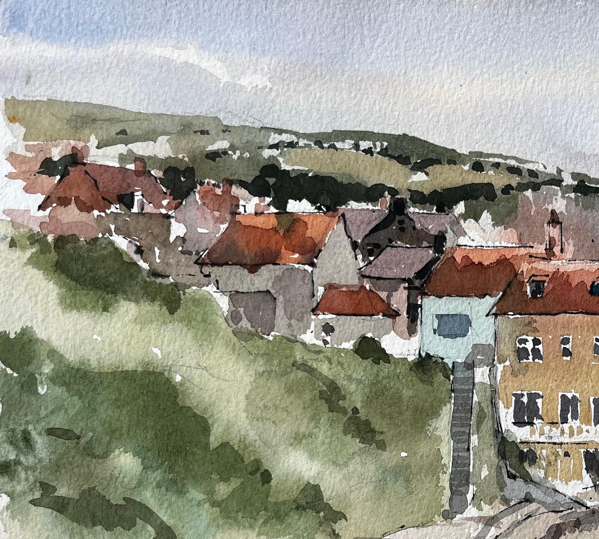 Robin Hoods Bay Seafront Path with Red Roofed Cottages Yorkshire Coast 1983 - Impressionnisme Painting par Anthony Herbert